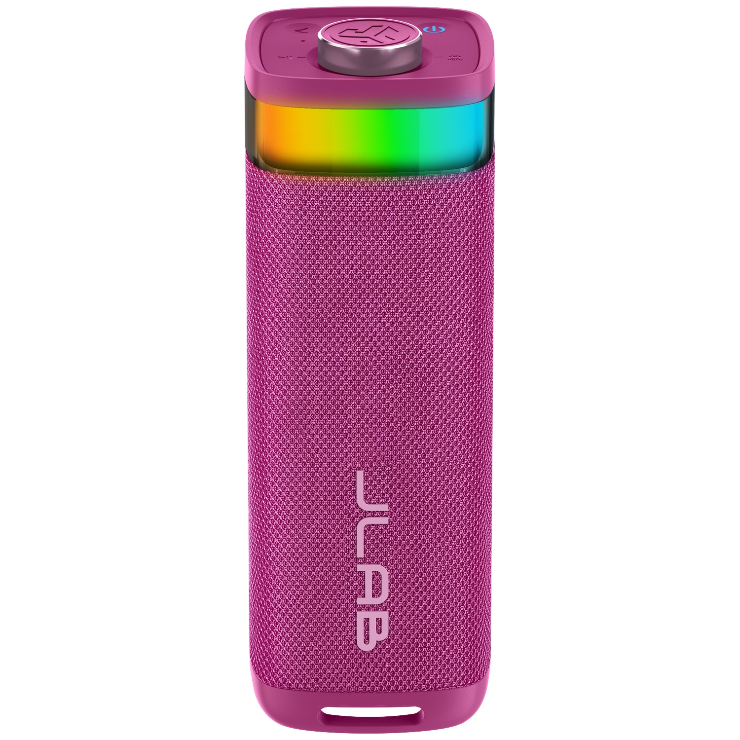 A pink JLab speaker with a mesh body and colorful light band. It has a metallic top with buttons.