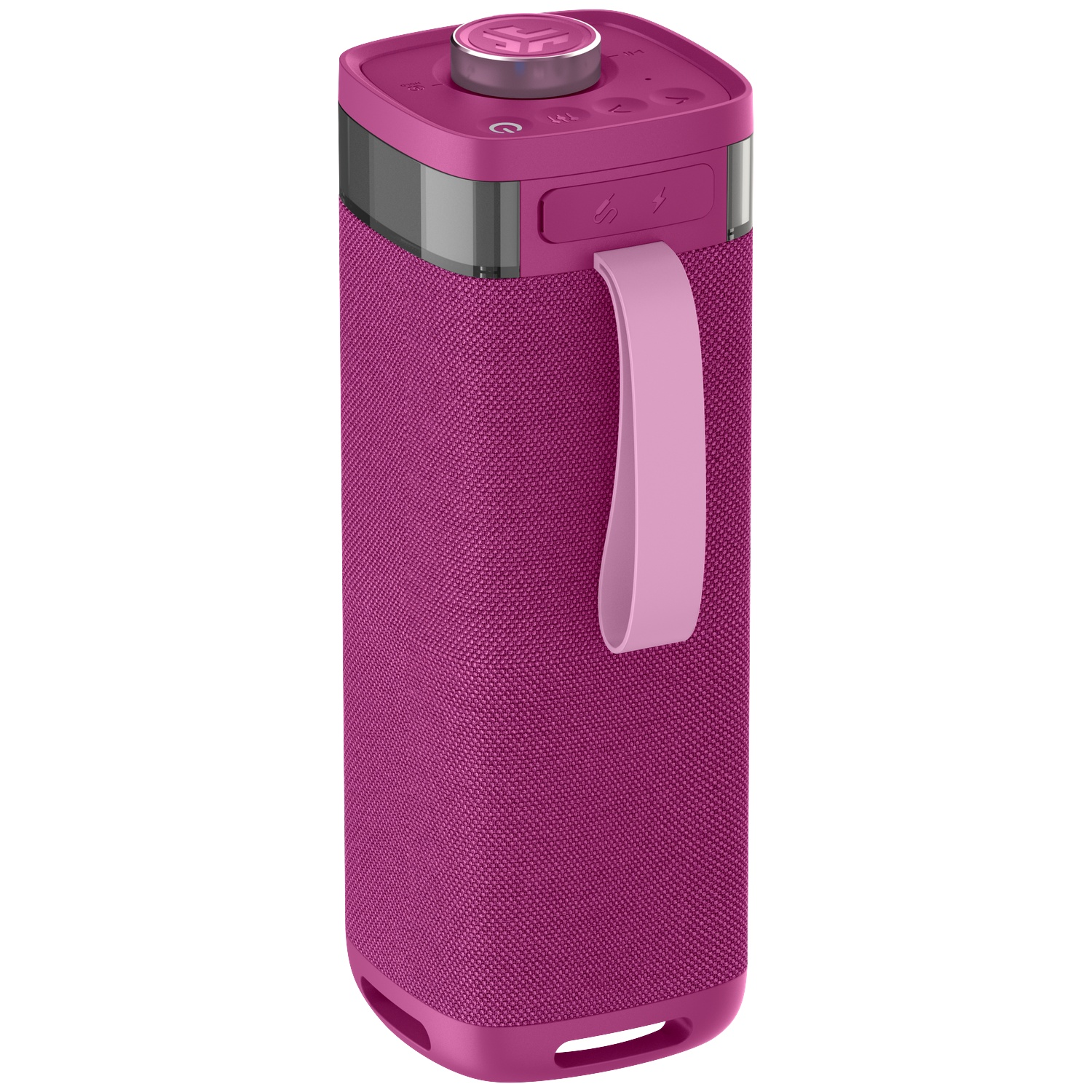 A magenta portable speaker with a light pink handle. It has buttons on top and a mesh fabric body. The handle is attached.