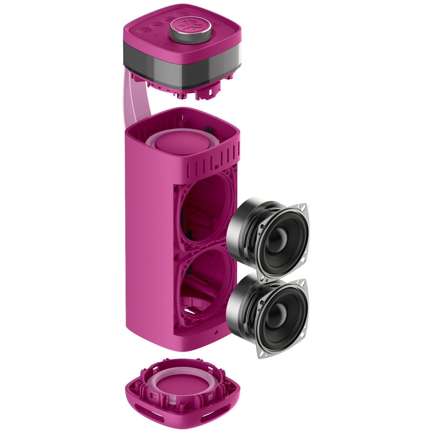 Deconstructed pink speaker. Components include top, body with speaker holes, base, and two detached speakers.