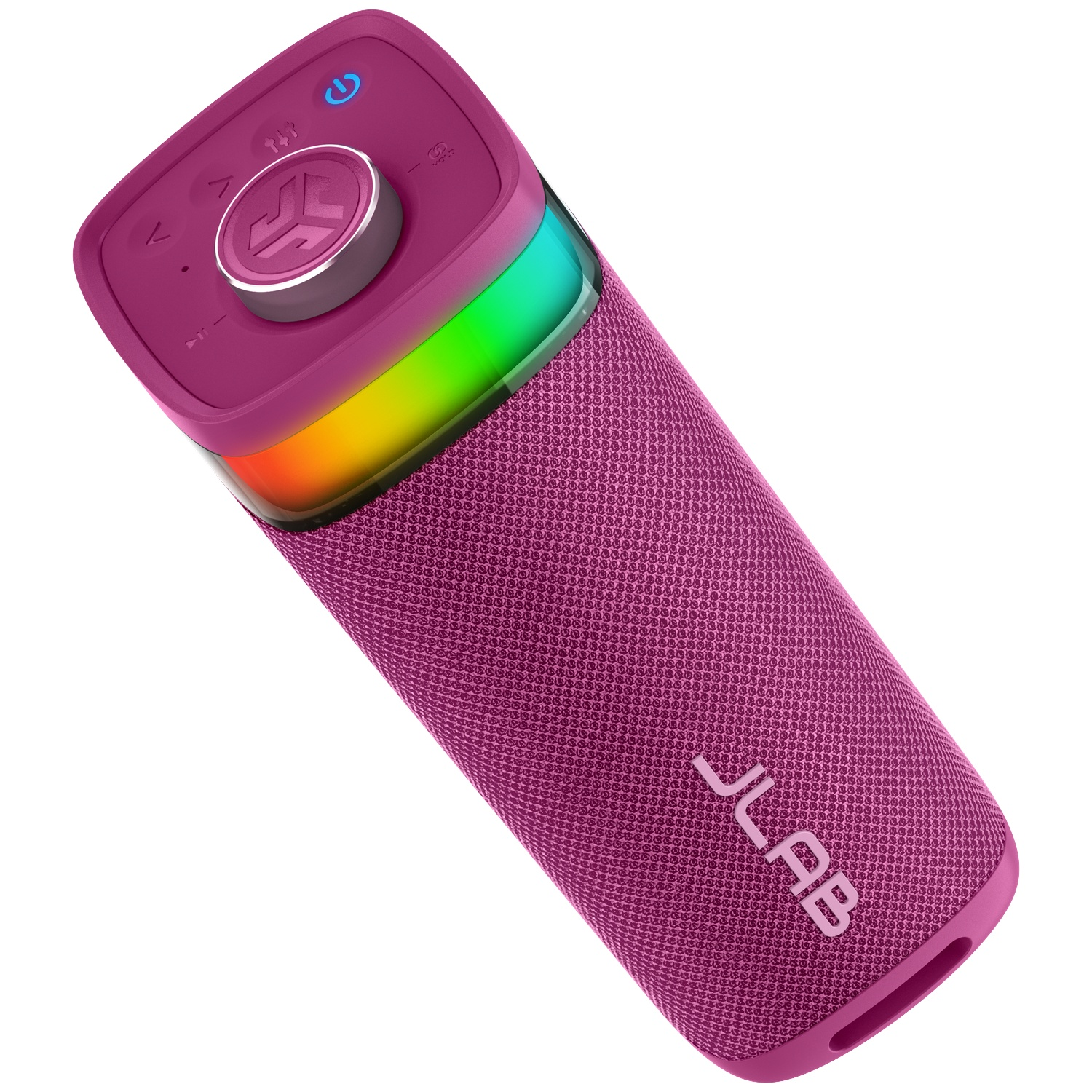 A magenta JLab speaker with rainbow lights. It has control buttons at the top and the JLab logo at the bottom.