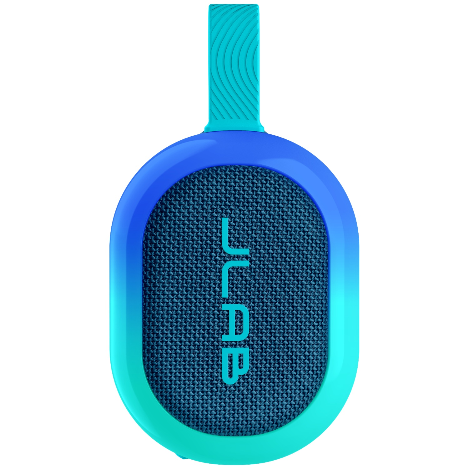 Een blauwe en blauwgroene JLab-luidspreker met een handvat. De luidspreker heeft een mesh voorkant en het JLab-logo. Kleuren verlopen van blauw naar blauwgroen.