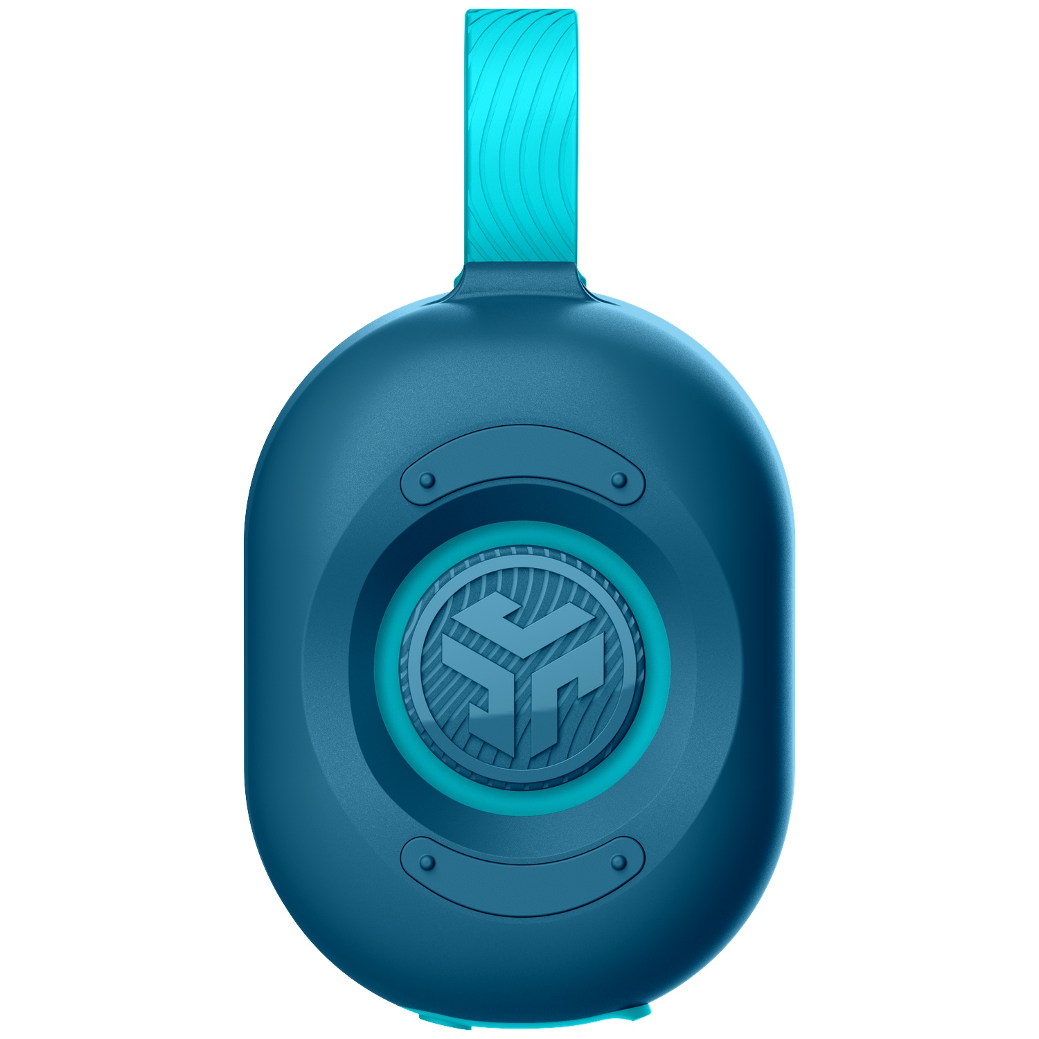 Blauwe en turquoise Bluetooth-luidspreker. Het heeft een logo in het midden en een turquoise band aan de bovenkant.