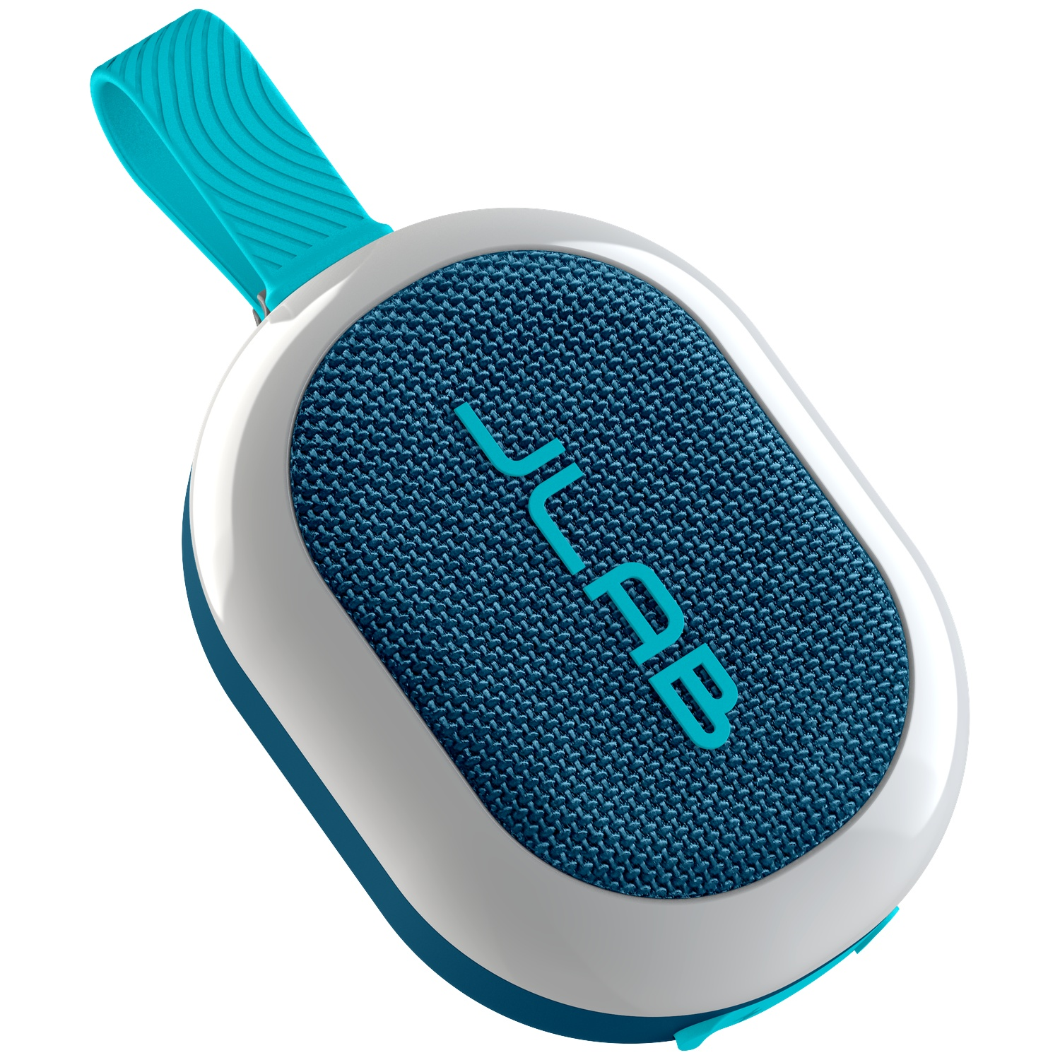 Een turquoise en witte JLab-luidspreker. De luidspreker heeft een blauwe luidsprekerhoes met textuur, witte randen en een turquoise handvat.