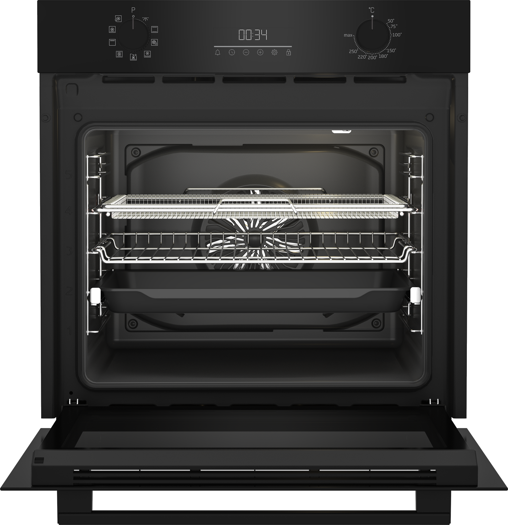 Czarny piekarnik, otwarte drzwi, z rusztami i tacą w środku. Zegar cyfrowy pokazuje czas. Pokrętła do ustawień i temperatury.