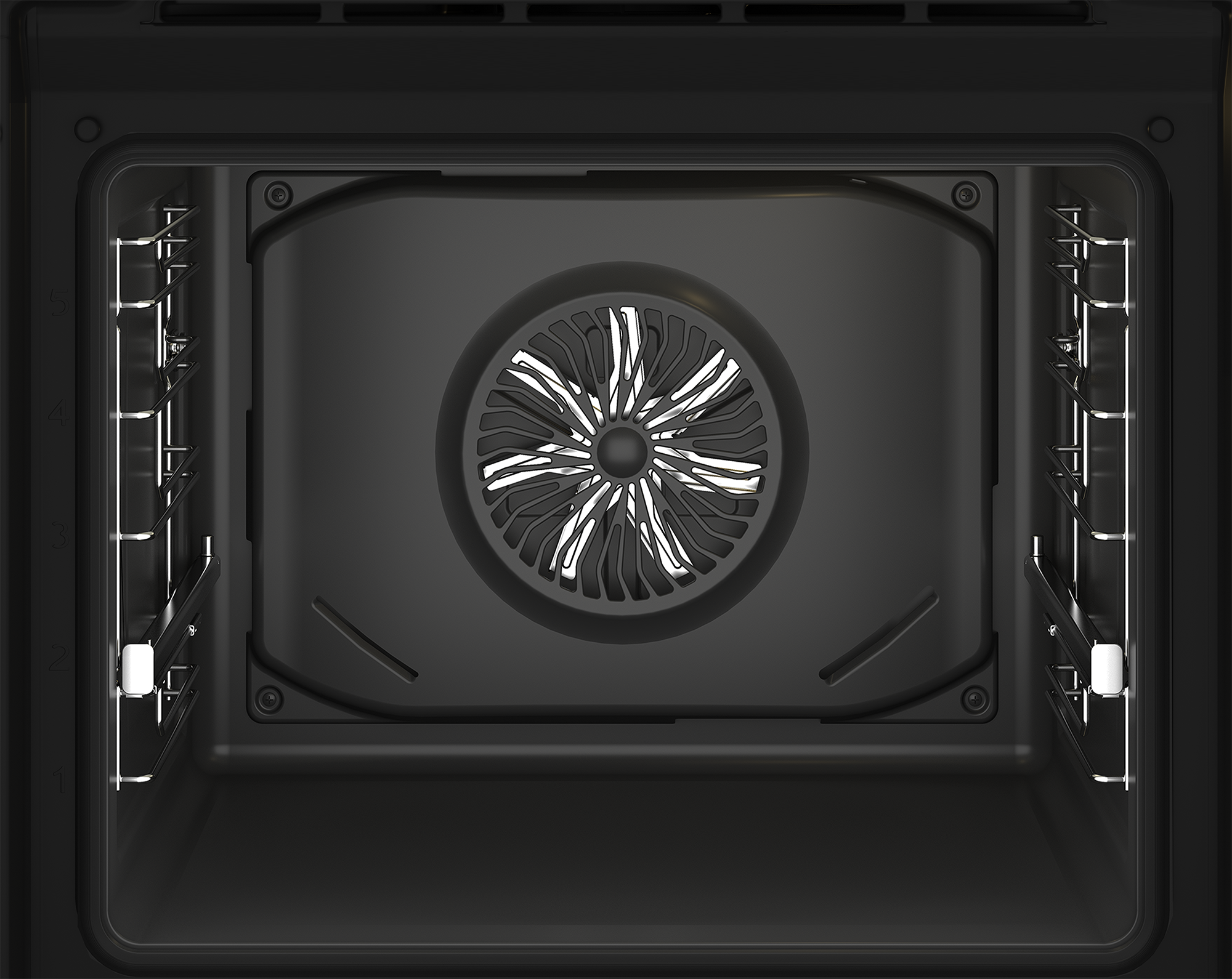 Wnętrze czarnego piekarnika. Pośrodku wentylator z białym wzorem i metalowe ruszty po bokach.