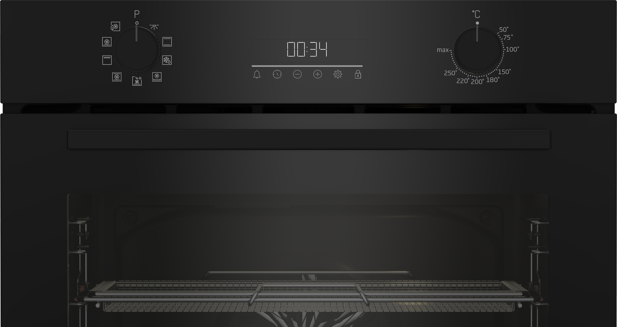 Czarny piekarnik z panelem sterowania u góry. Wyświetlacz cyfrowy pokazuje 00:34. Widoczne pokrętła i pokrętło temperatury. Wnętrze piekarnika puste.