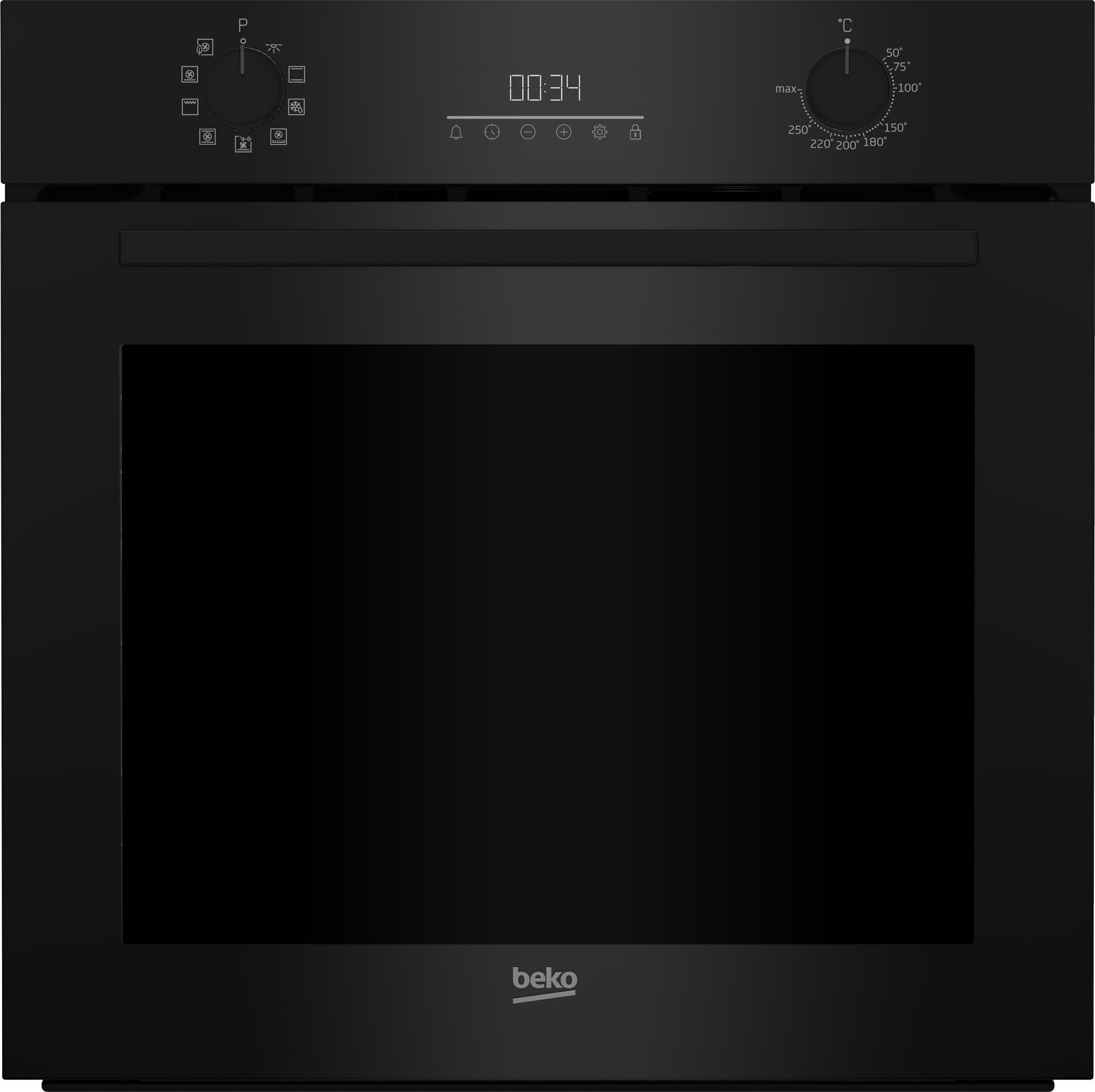 Czarny piekarnik z pokrętłami, wyświetlaczem cyfrowym 00:34 i szklanymi drzwiami. Logo marki to 'beko'.