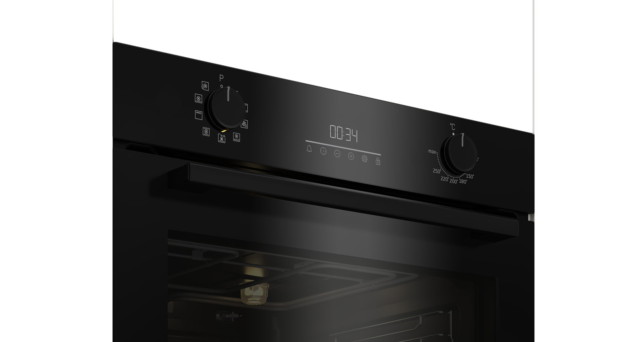 Czarny panel sterowania piekarnika z pokrętłami, wyświetlaczem 00:34 i uchwytem. Wewnątrz piekarnika widoczne jest światło.