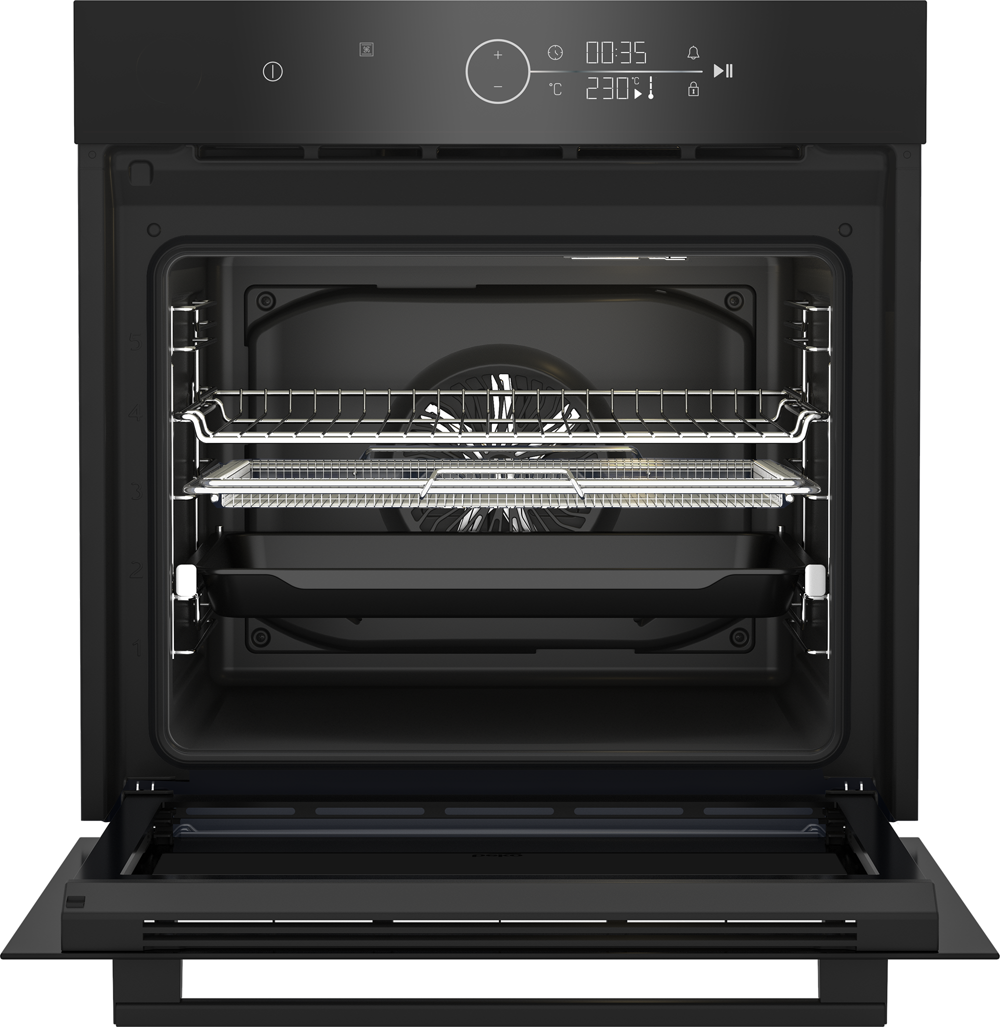 Otwarty czarny piekarnik, wnętrze z rusztami i wentylatorem. Wyświetlacz cyfrowy pokazuje czas i temperaturę. Otwarte drzwi.