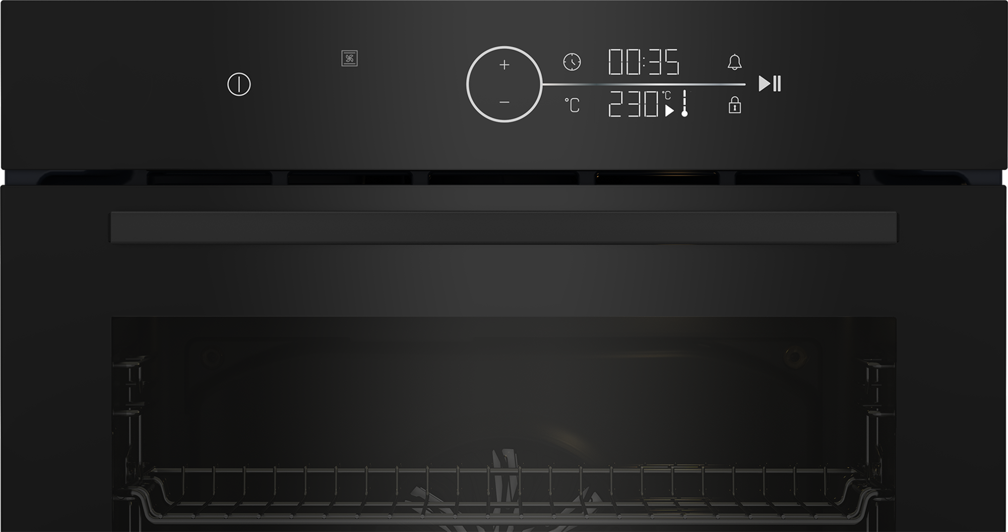 Czarny piekarnik z cyfrowym wyświetlaczem czasu, temperatury i ustawień. Drzwi piekarnika otwarte, widoczne ruszty w środku.