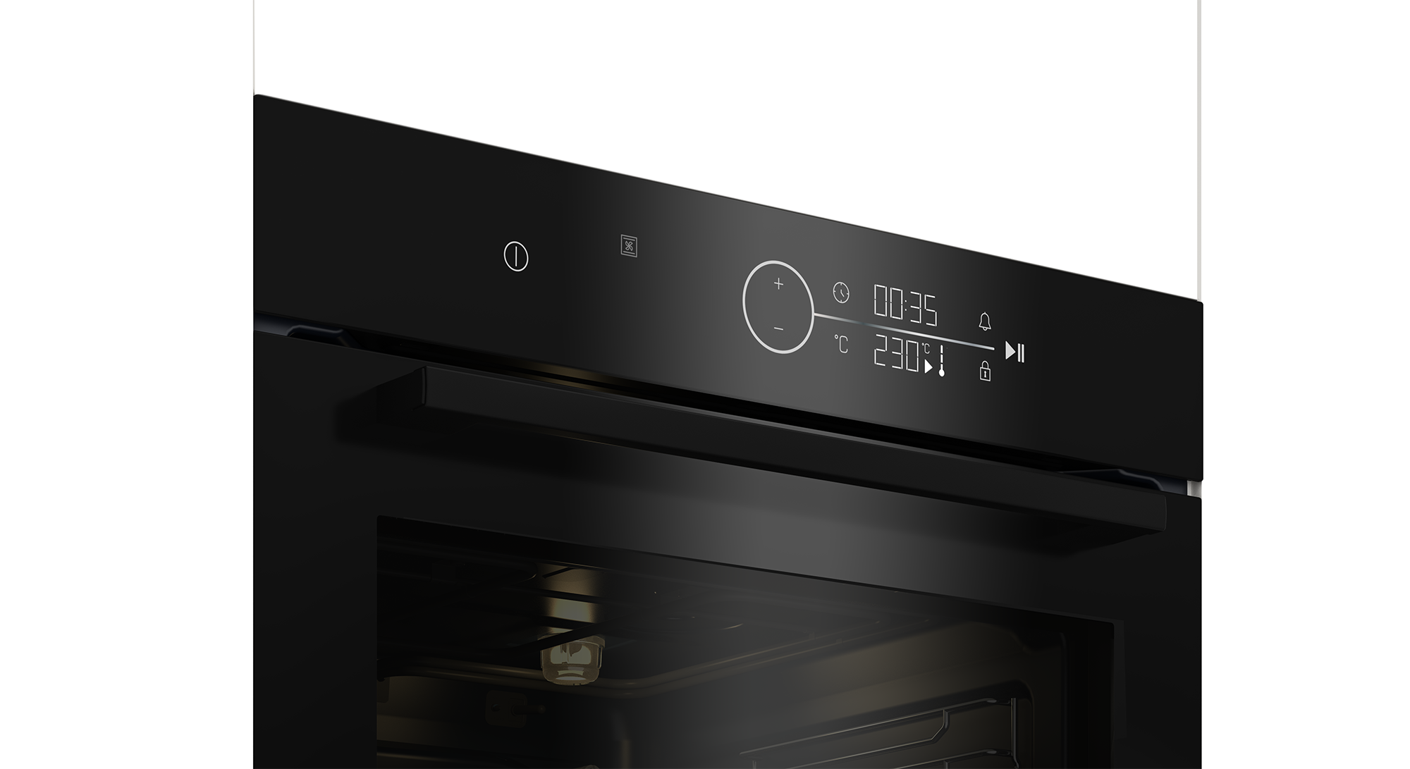 Czarny panel sterowania piekarnika z cyfrowym wyświetlaczem czasu i temperatury. Widoczne przyciski plus i minus.