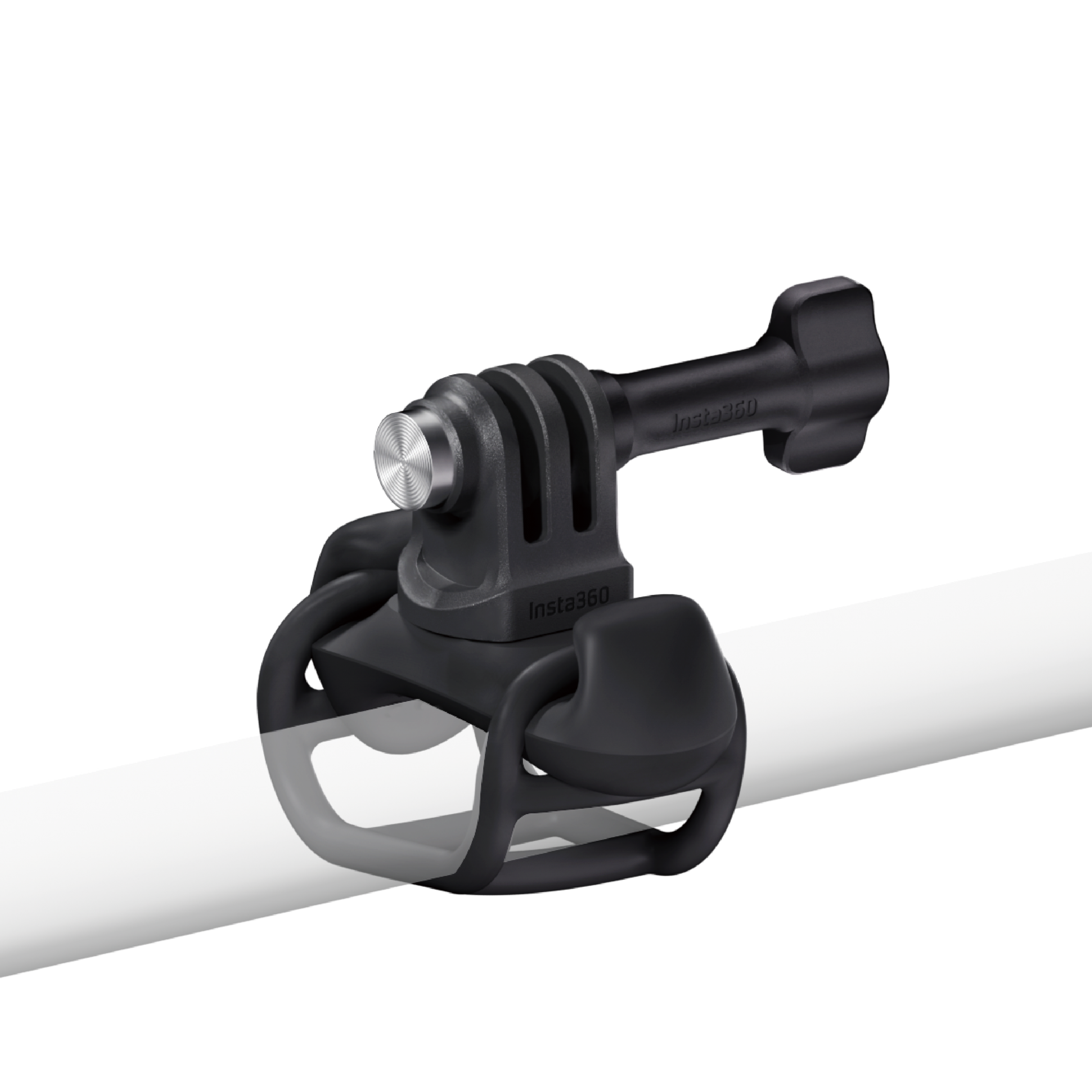 Schwarze Insta360-Kamerahalterung auf weißem Stab, mit schwarzem Hintergrund.