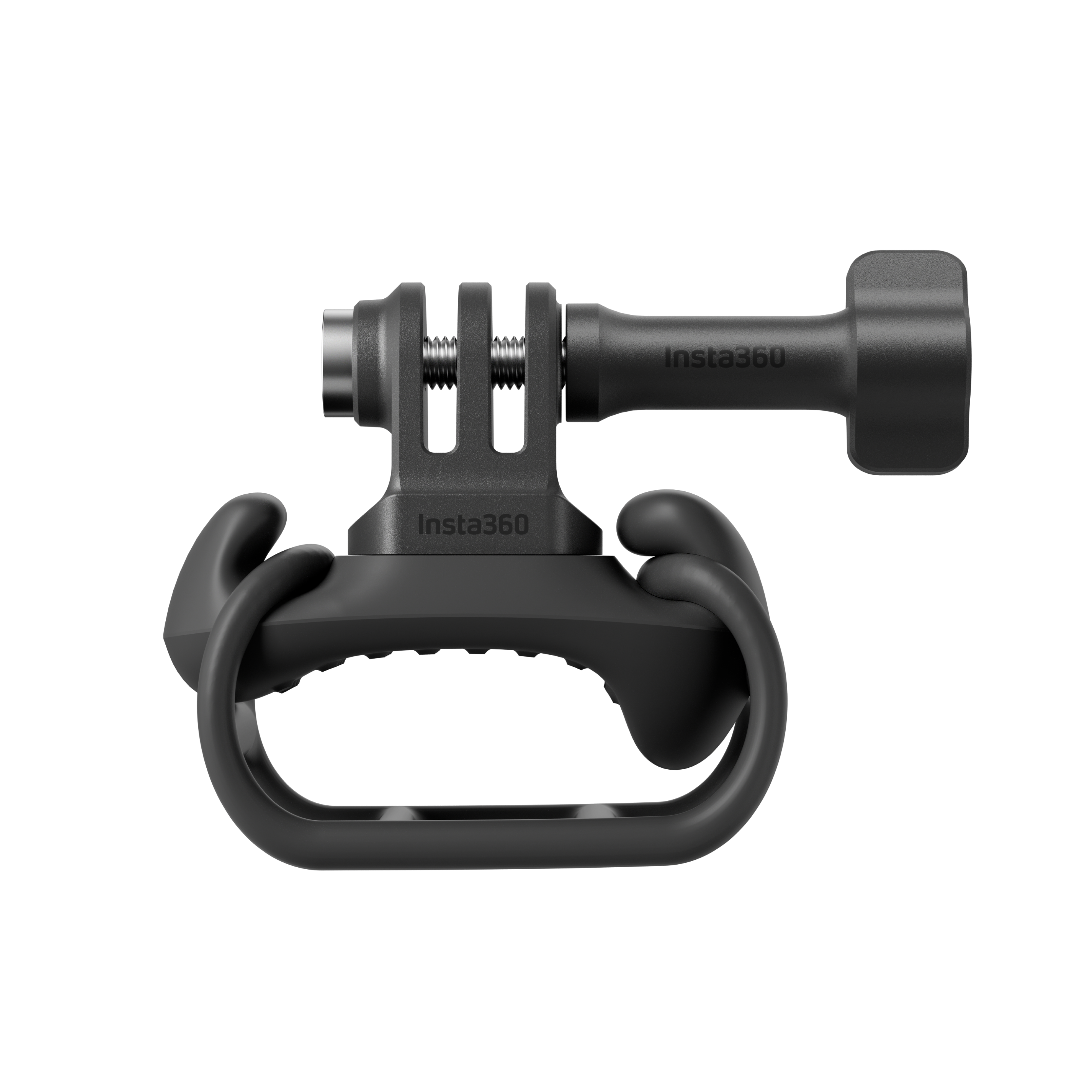 Schwarze Insta360-Kamerahalterung auf schwarzem Hintergrund. Es hat einen Griff und eine Halterung.