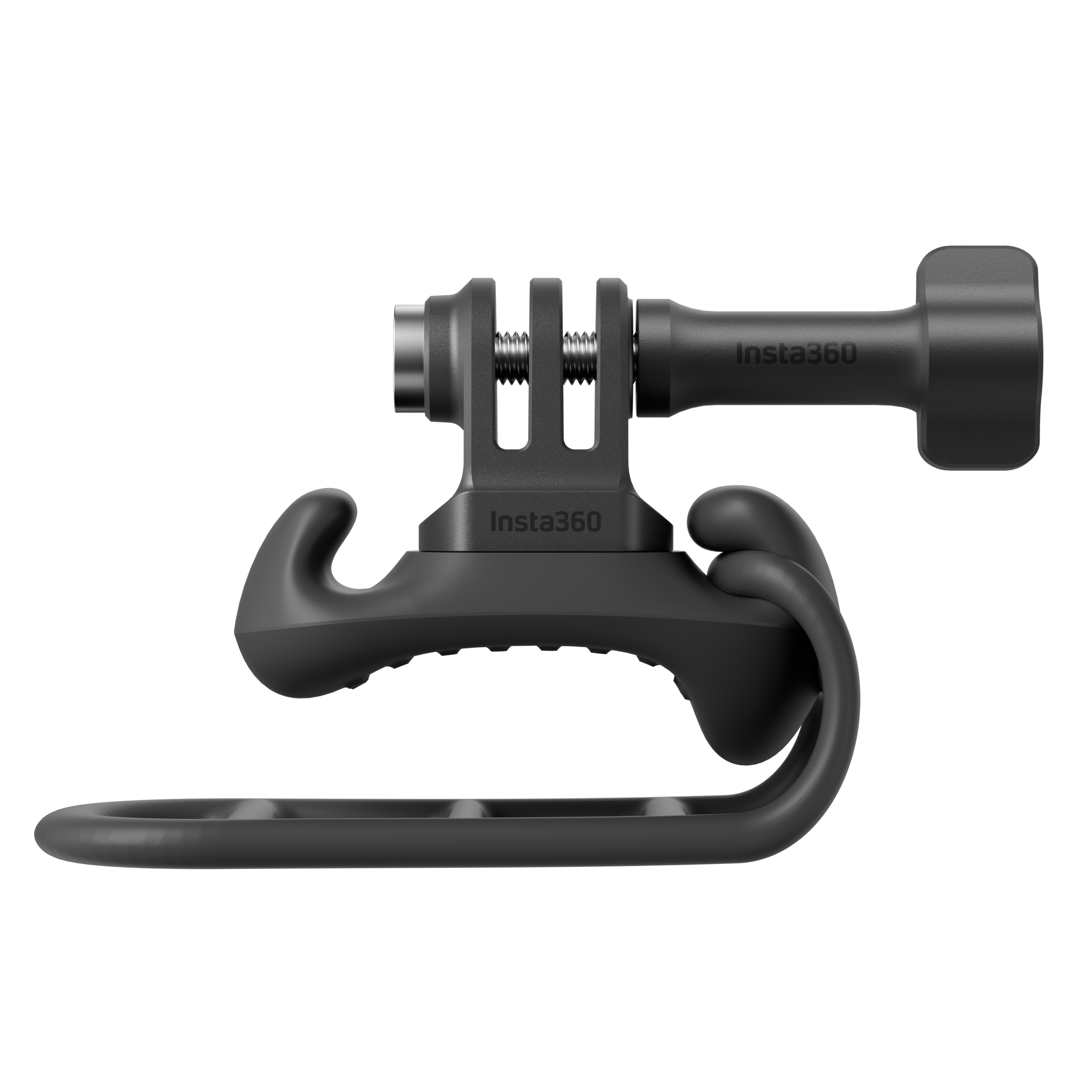 Schwarze Insta360-Kamerahalterung auf schwarzem Hintergrund. Es hat mehrere gekrümmte Teile und eine Halterung.