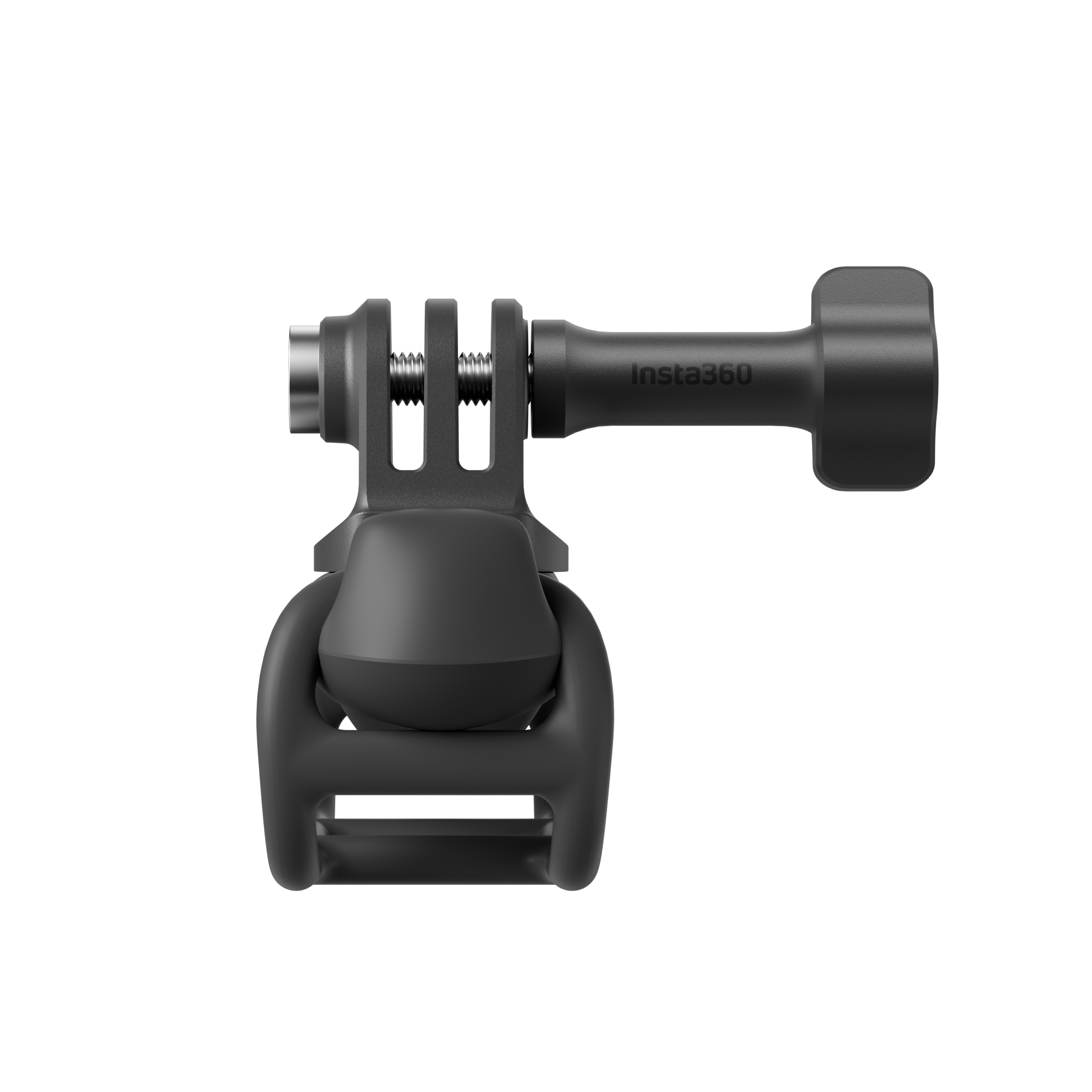 Eine schwarze Insta360-Kamerahalterung. Sie hat ein Kugelgelenk, eine Schraube und das Insta360-Logo. Der Hintergrund ist schwarz.