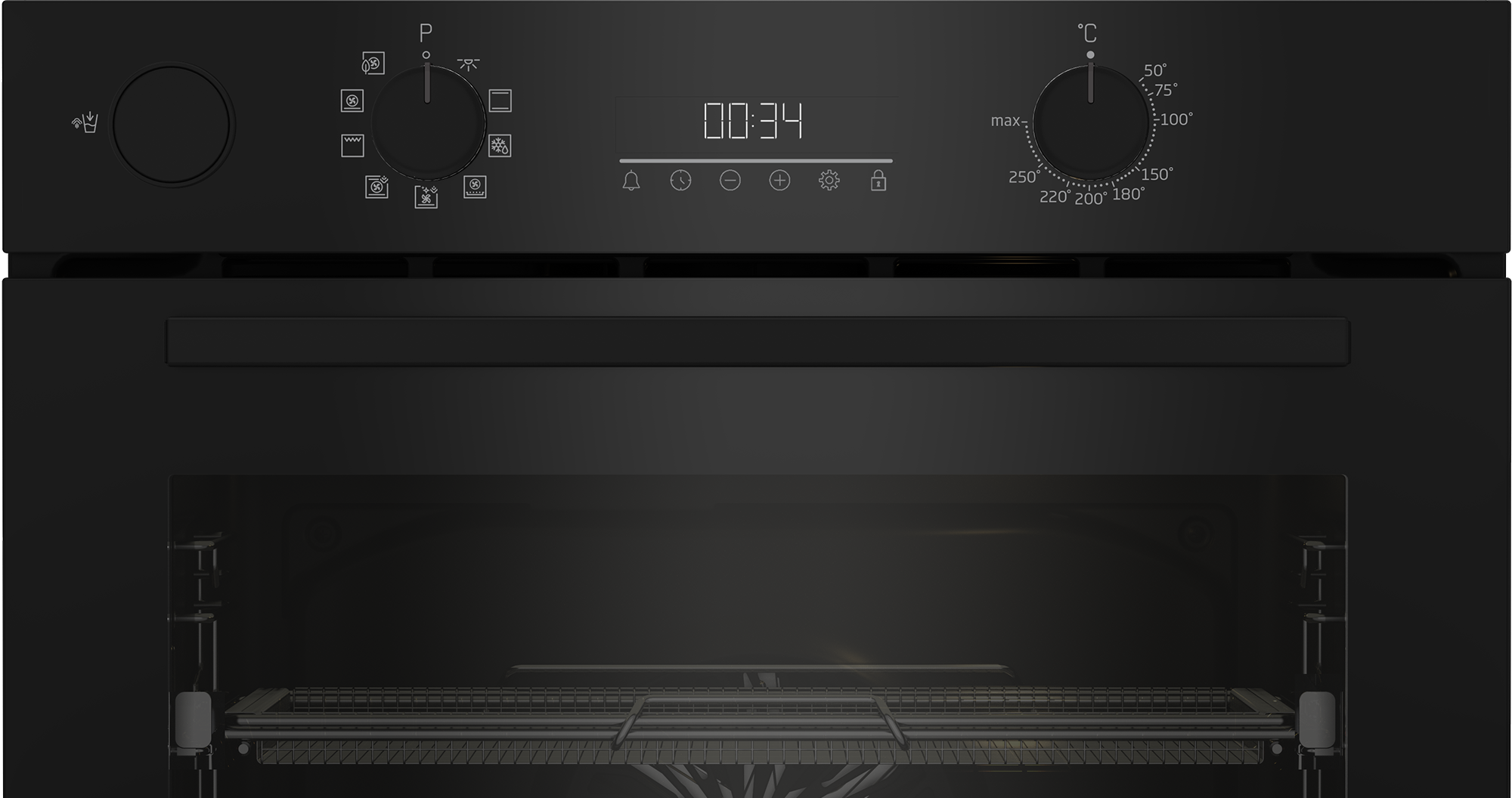 Czarny front piekarnika z elementami sterującymi. Wyświetlacz cyfrowy pokazuje 00:34. Widoczne pokrętła do funkcji piekarnika i ustawień temperatury.
