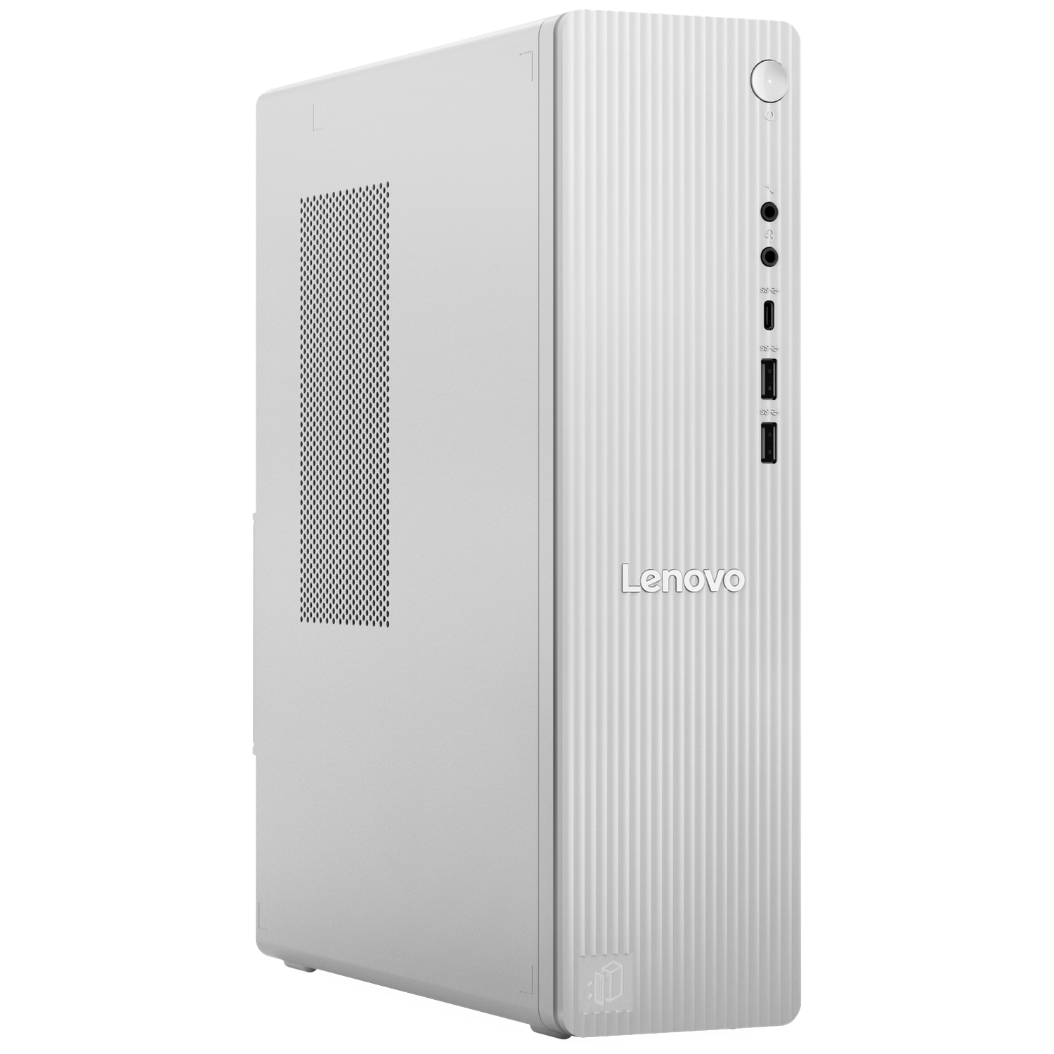 Een witte Lenovo desktopcomputer. Vooraanzicht toont verticale lijnen, het Lenovo-logo, de aan/uit-knop en poorten.