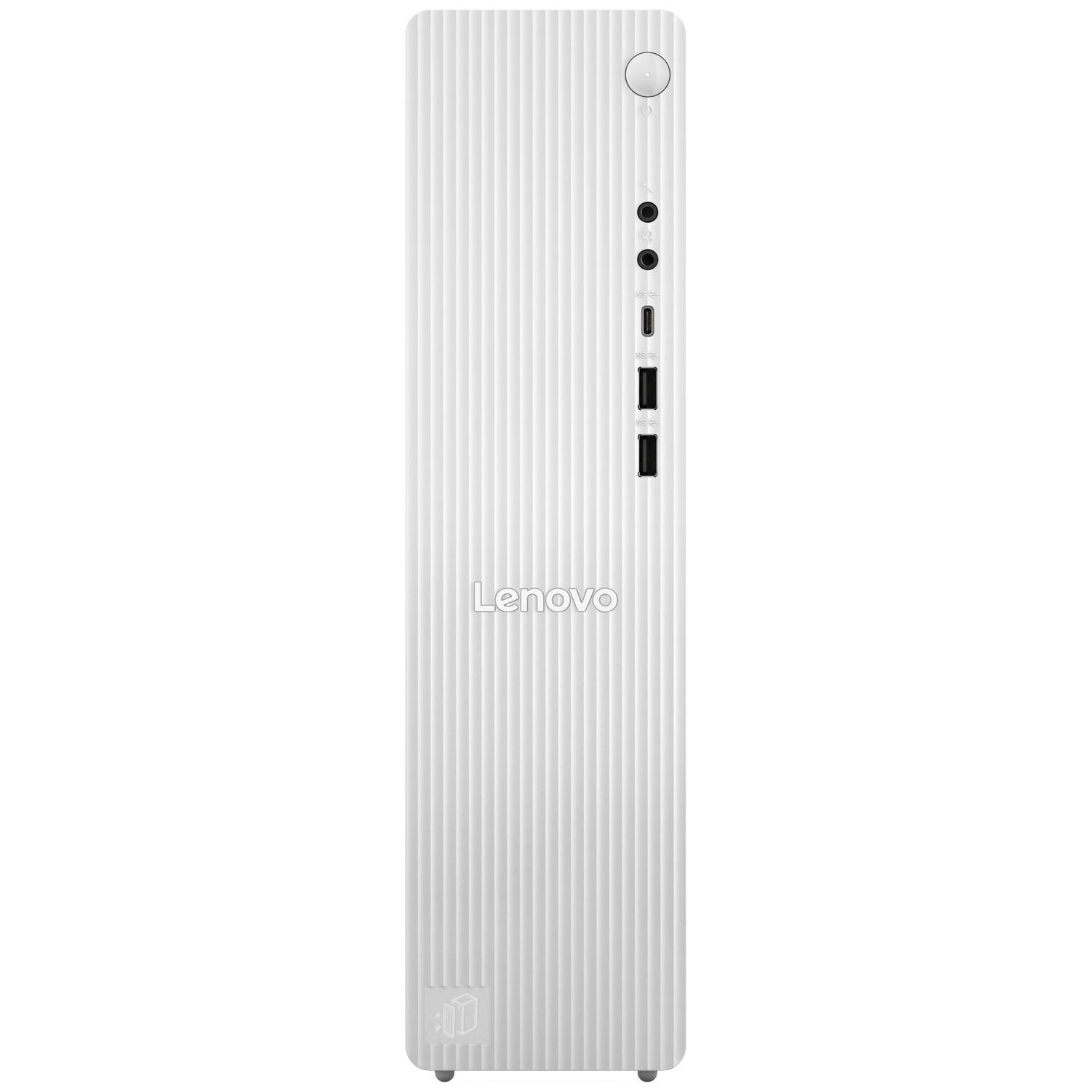 Een witte Lenovo desktopcomputer. Het heeft een geribbelde voorkant en een reeks poorten aan de zijkant. Het Lenovo-logo is zichtbaar.