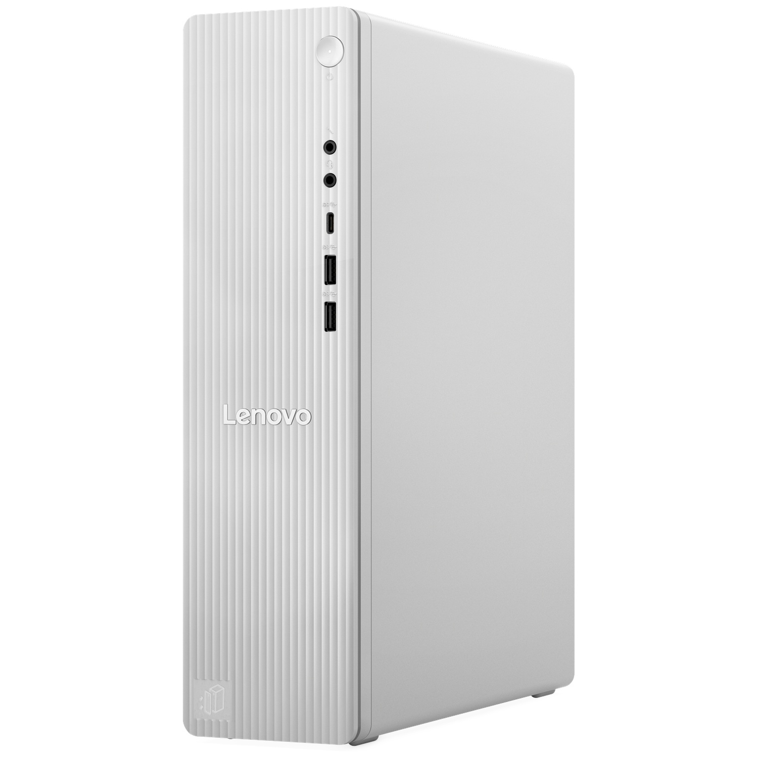 Een witte Lenovo desktopcomputer. Het heeft een verticaal ontwerp met poorten en knoppen aan de voorkant. Lenovo-logo is zichtbaar.