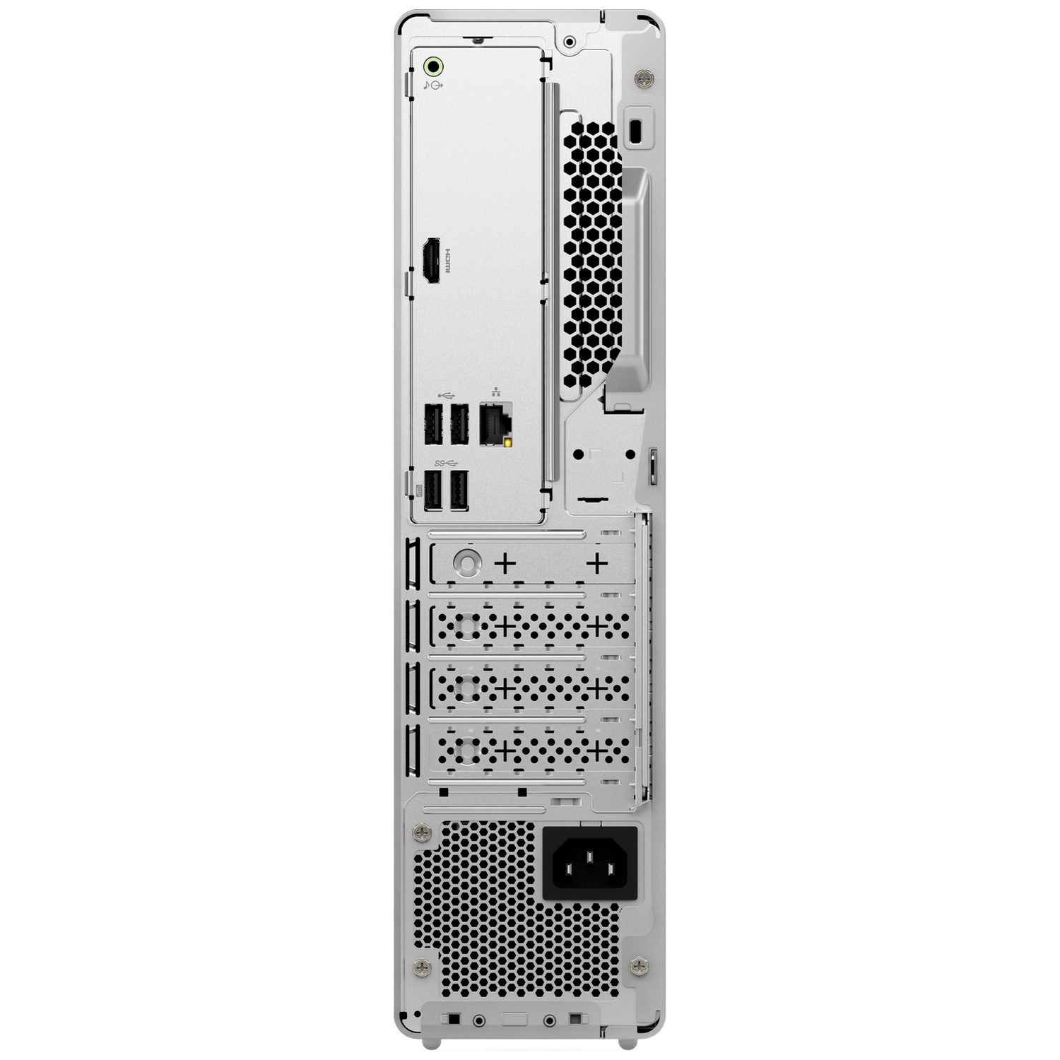 Zilveren computerkast achterkant. Inclusief poorten voor USB, HDMI, audio en stroom. Voorzien van ventilatie met honingraatpatroon.