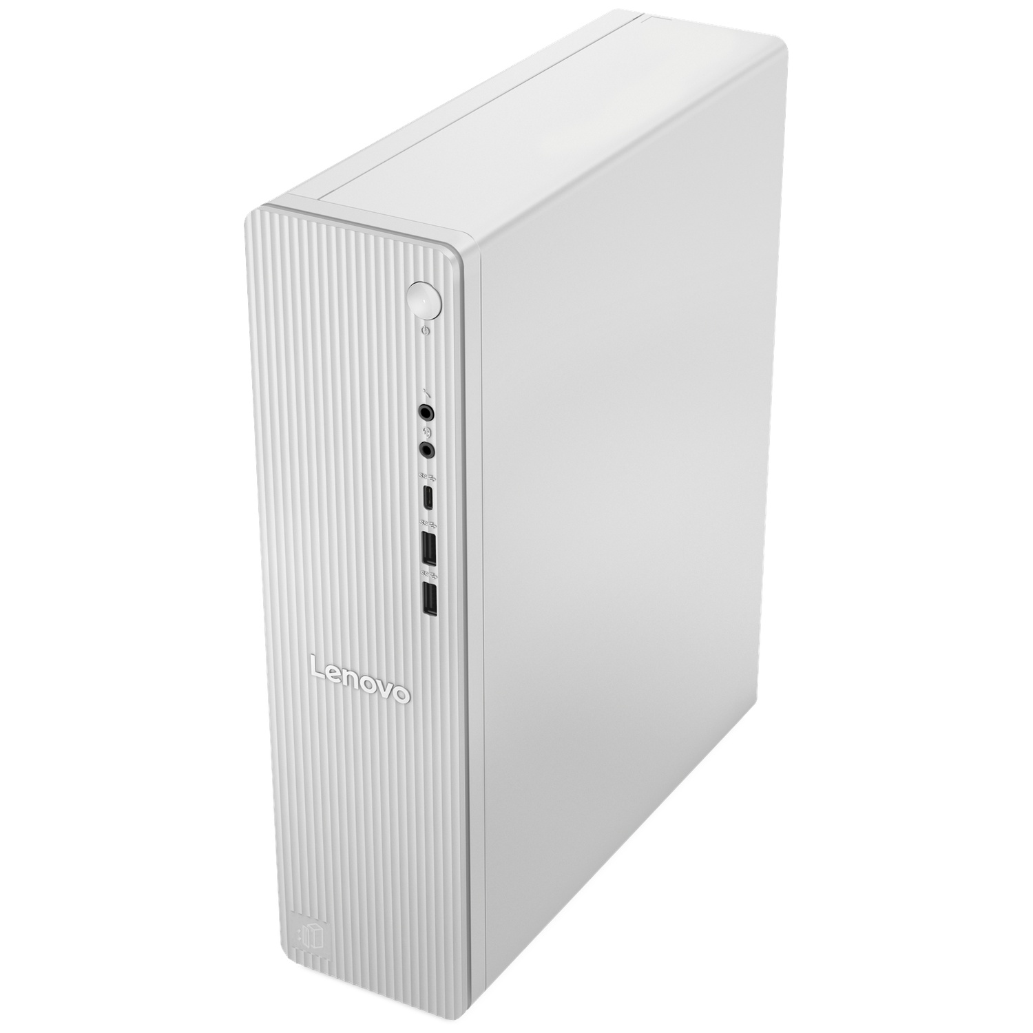 Een witte Lenovo desktopcomputer. Het heeft een verticaal ontwerp met een aan/uit-knop en poorten aan de voorkant. Lenovo logo is zichtbaar.
