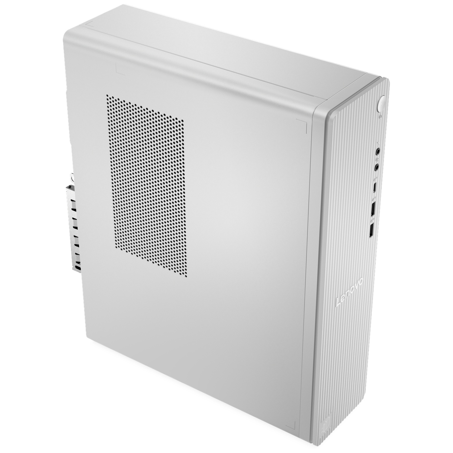 Een witte Lenovo desktop computer case. Het heeft een geperforeerd zijpaneel en het Lenovo logo aan de voorkant.