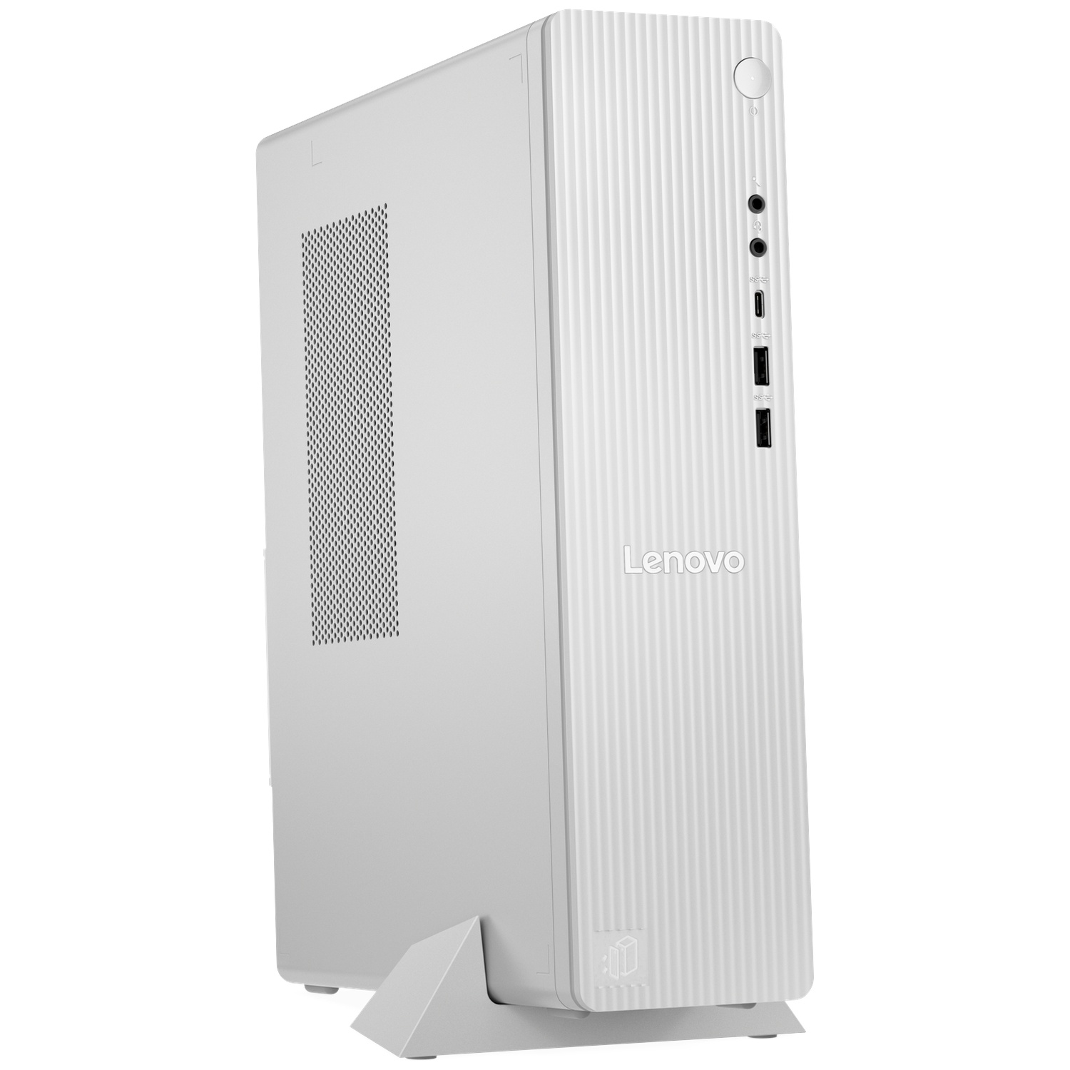 Een witte Lenovo desktop computer case. Het heeft een verticaal ontwerp met een geribbeld voorpaneel en poorten. Het staat op een witte standaard.