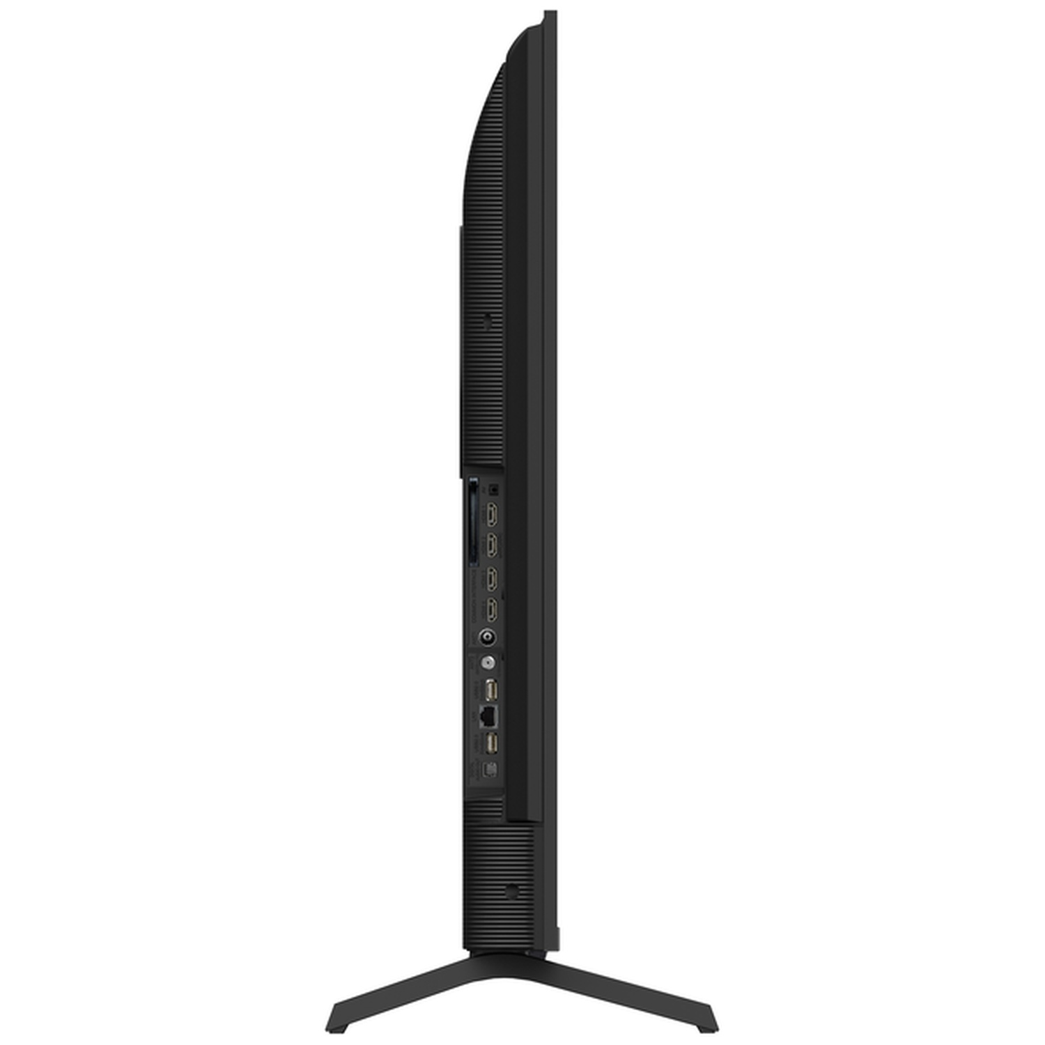 Vue latérale d'un moniteur noir. Il a un pied et divers ports. L'écran est orienté vers la gauche. Le moniteur est contre un fond blanc.