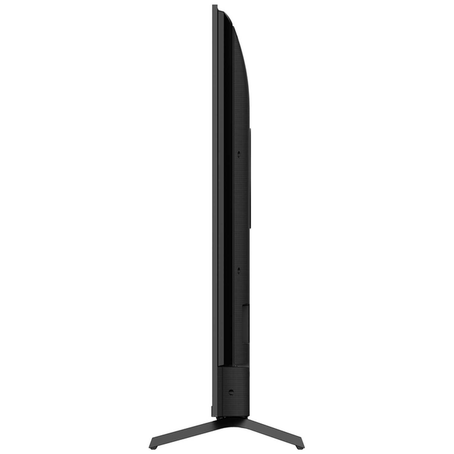 Un téléviseur à écran plat noir est vu de côté, révélant son profil mince et son support. Le support a deux pieds.