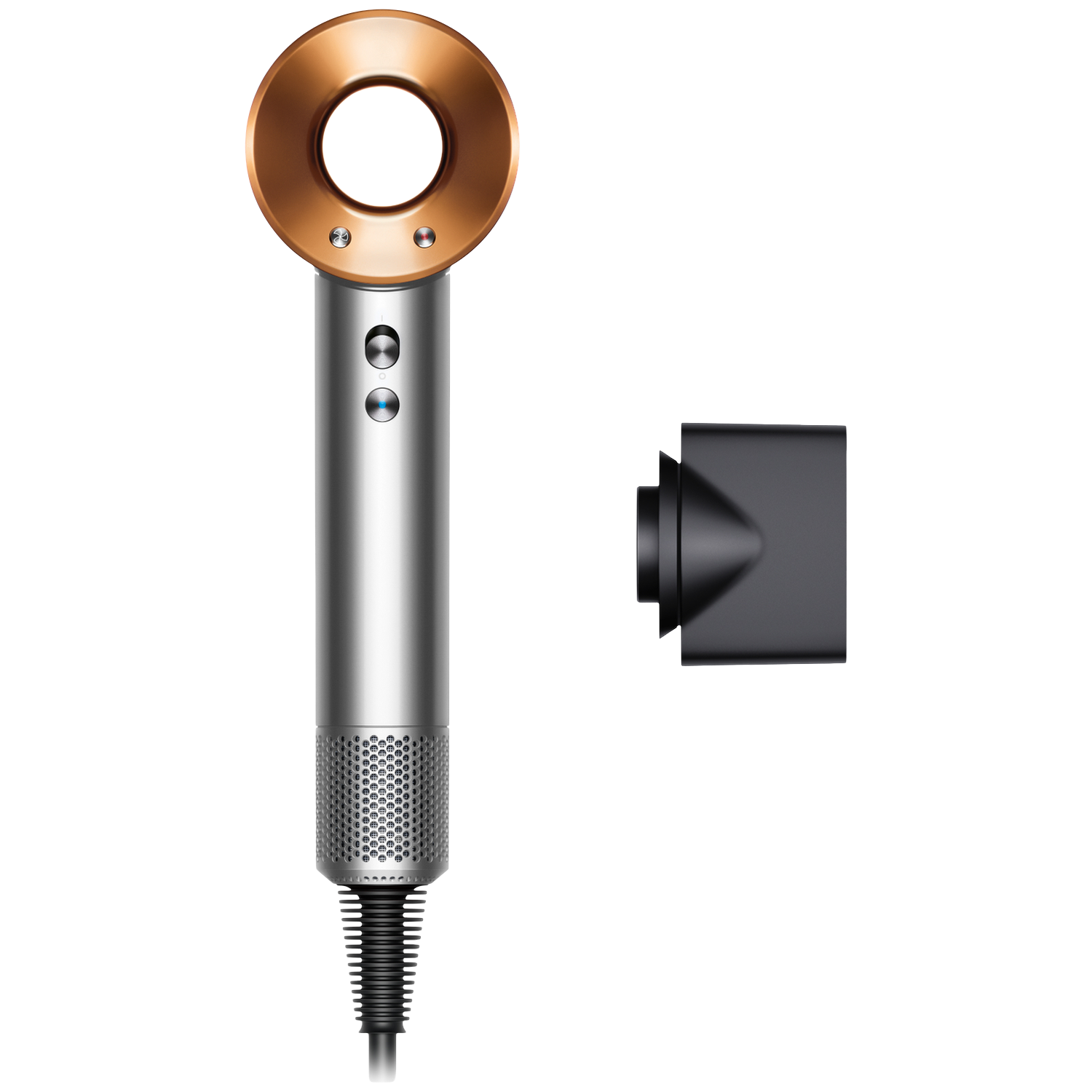 Een zilveren en bronzen Dyson haardroger, met een zwart mondstuk. De droger heeft een cirkelvormige kop en een cilindrische handgreep.