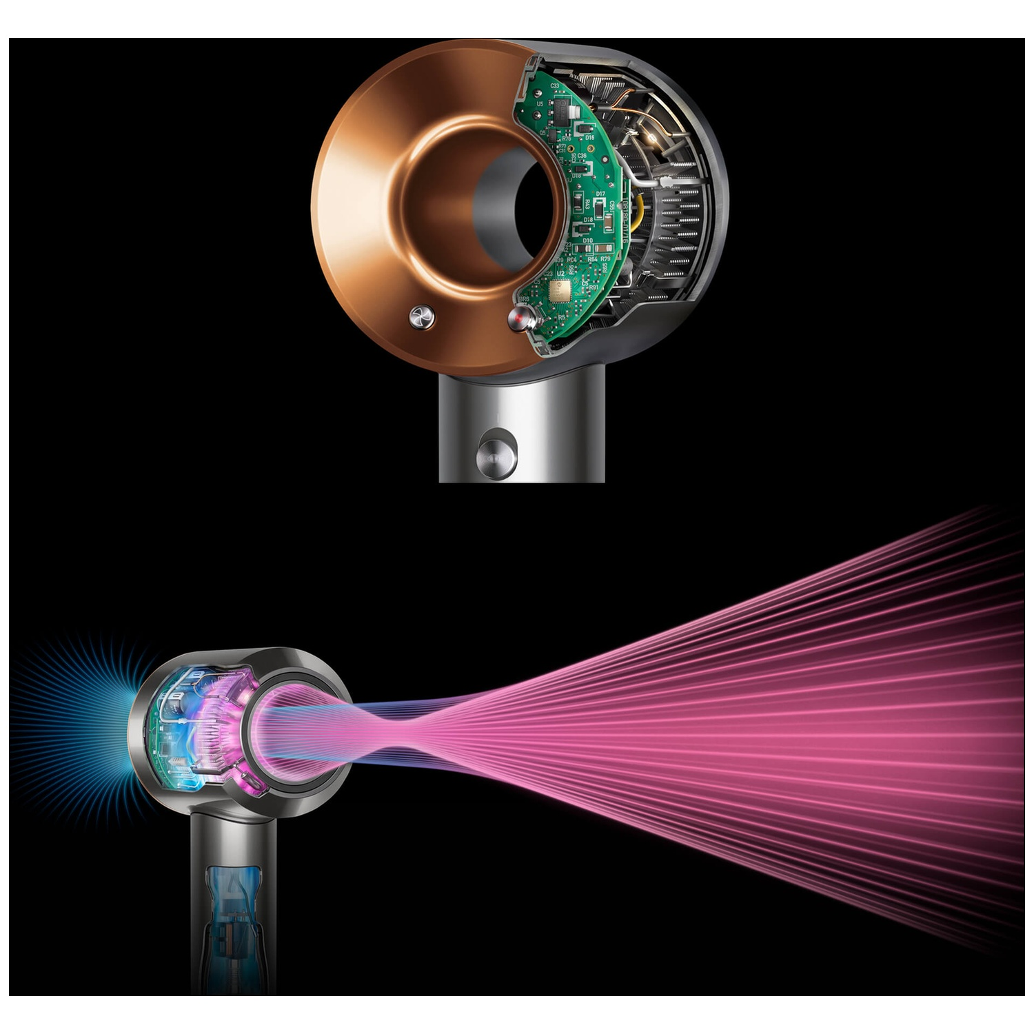 A modern hair dryer is shown with a cutaway view. Pink and blue air streams are visible. The background is black.