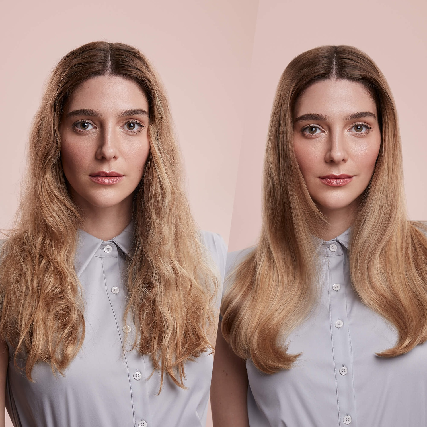 A woman with wavy blonde hair on the left and straight blonde hair on the right, wearing a light blue shirt, pink background.