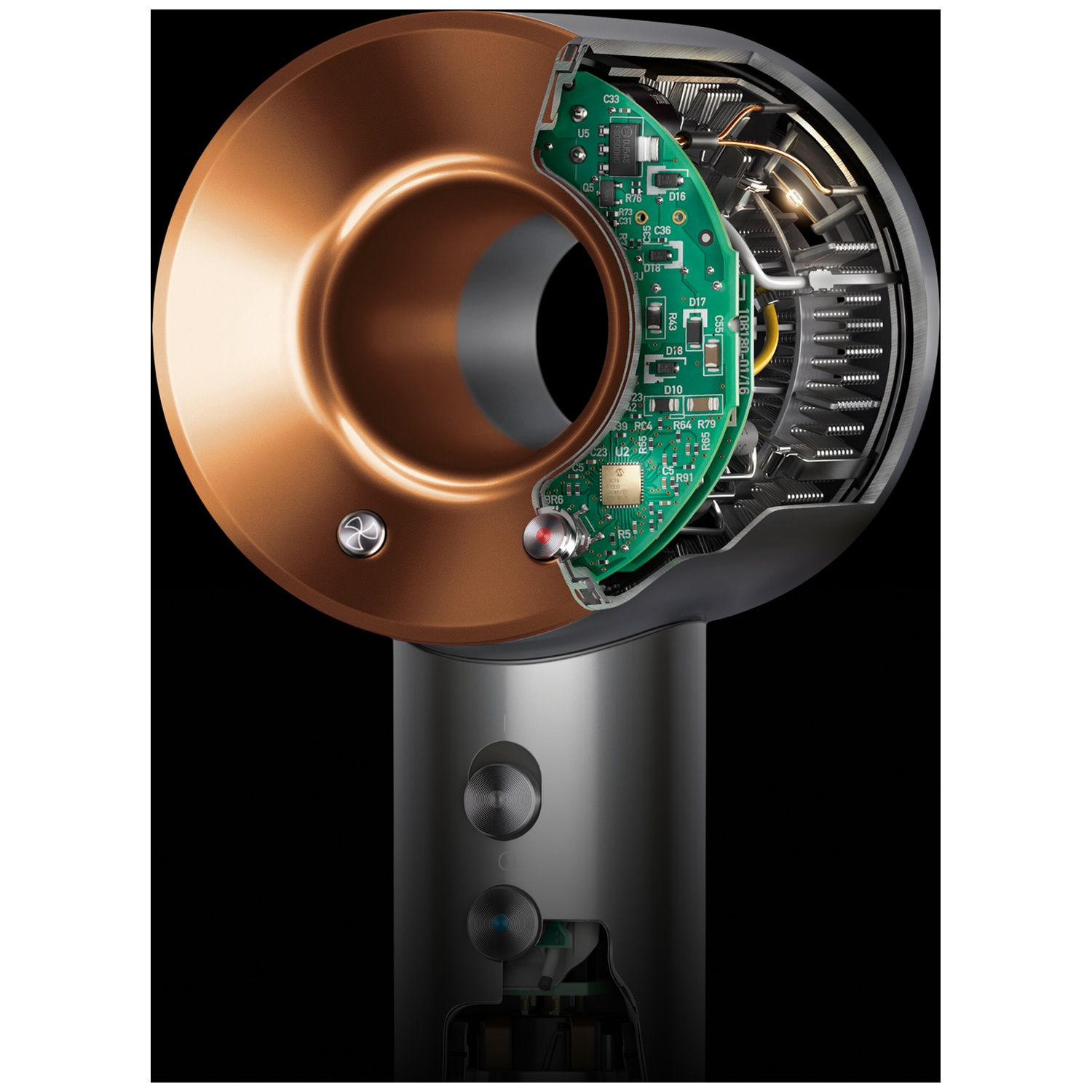 A cross-section of a hairdryer, showing copper-colored ring, green circuit board, and gray handle. Black background.