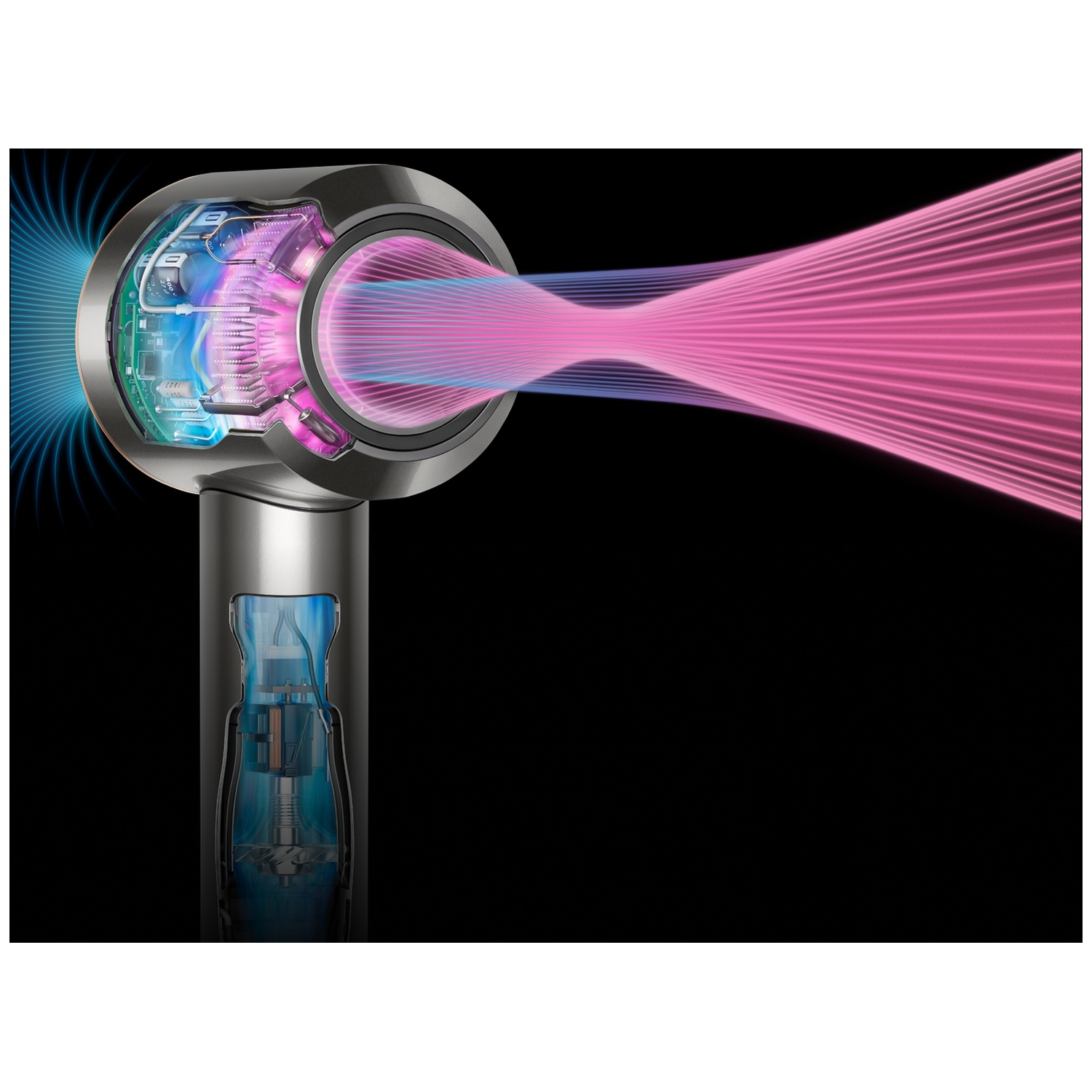 Cross-section of a hairdryer, showing internal components. Airflow is shown with pink and blue streams against a black background.