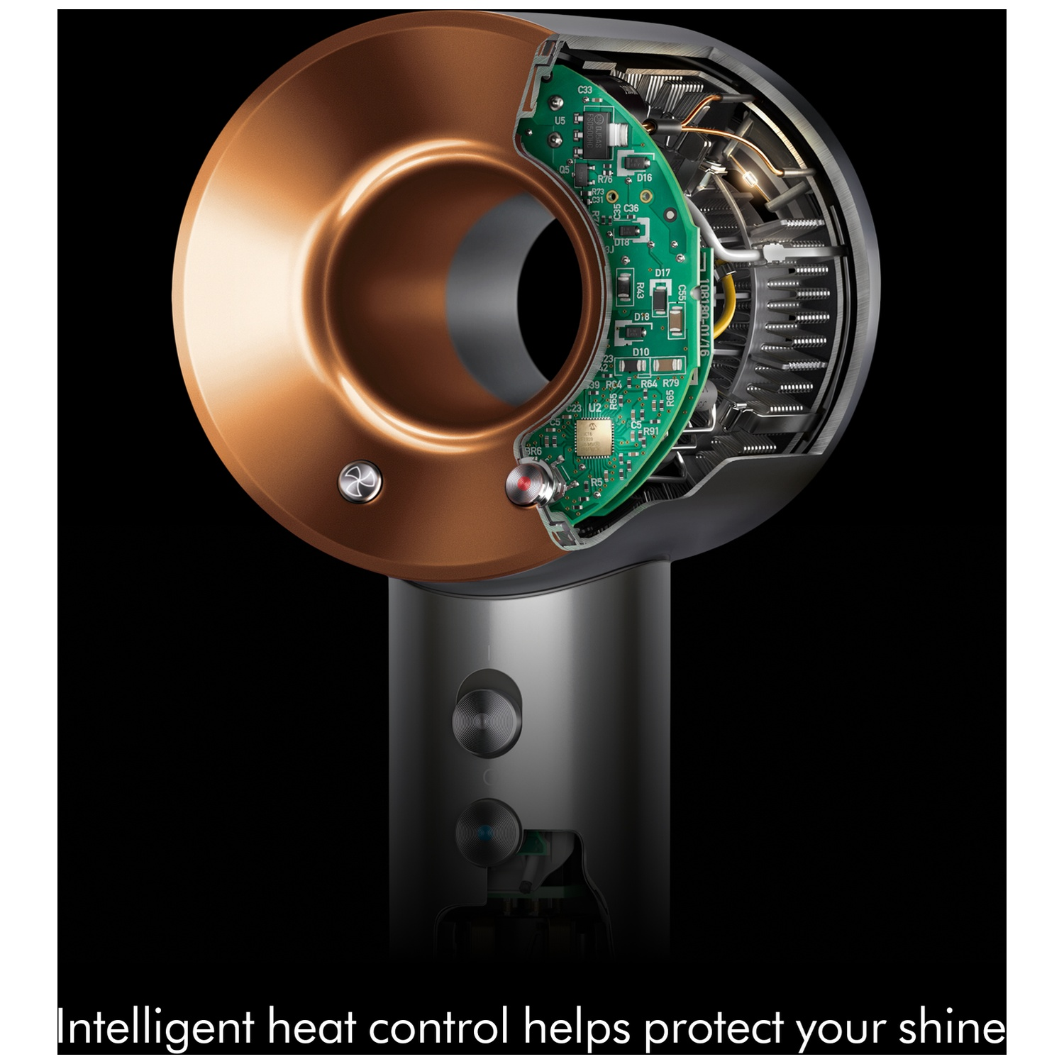 A cross-section of a hairdryer, revealing internal components like a circuit board and fan. Copper and gray colors dominate.