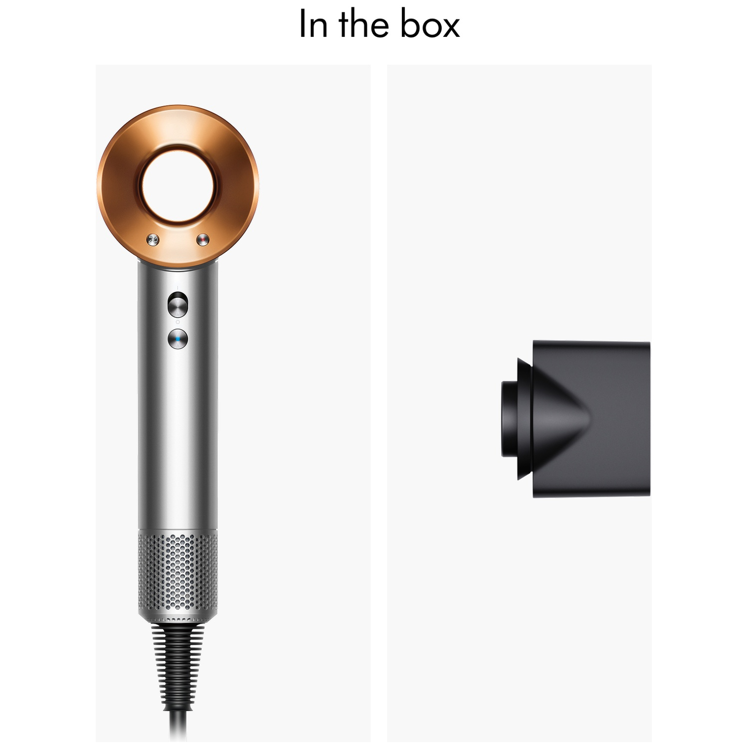 A silver and bronze hairdryer and a black nozzle are displayed against a white background.
