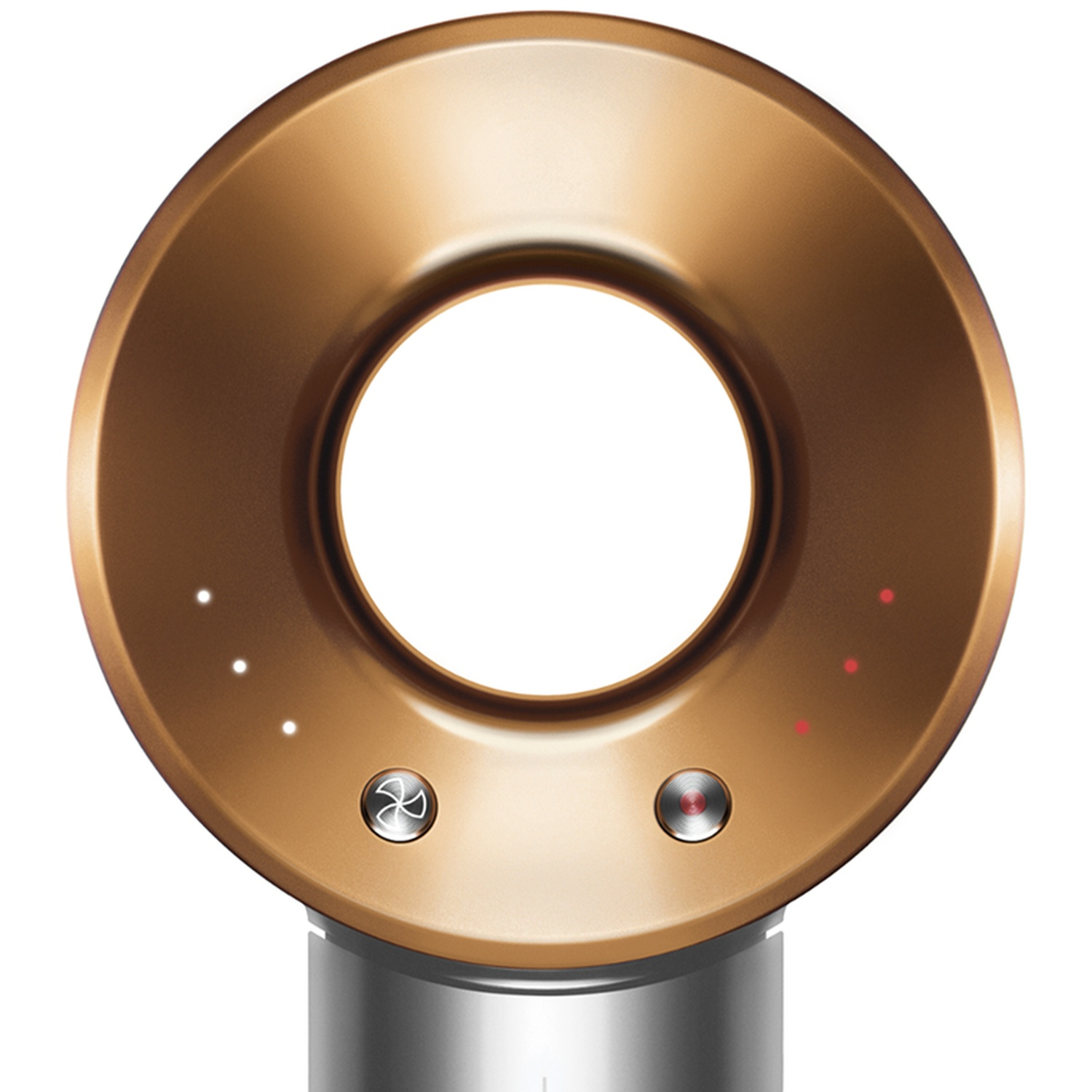 A bronze Dyson hair dryer. It has a circular design with buttons and lights. The base is silver.