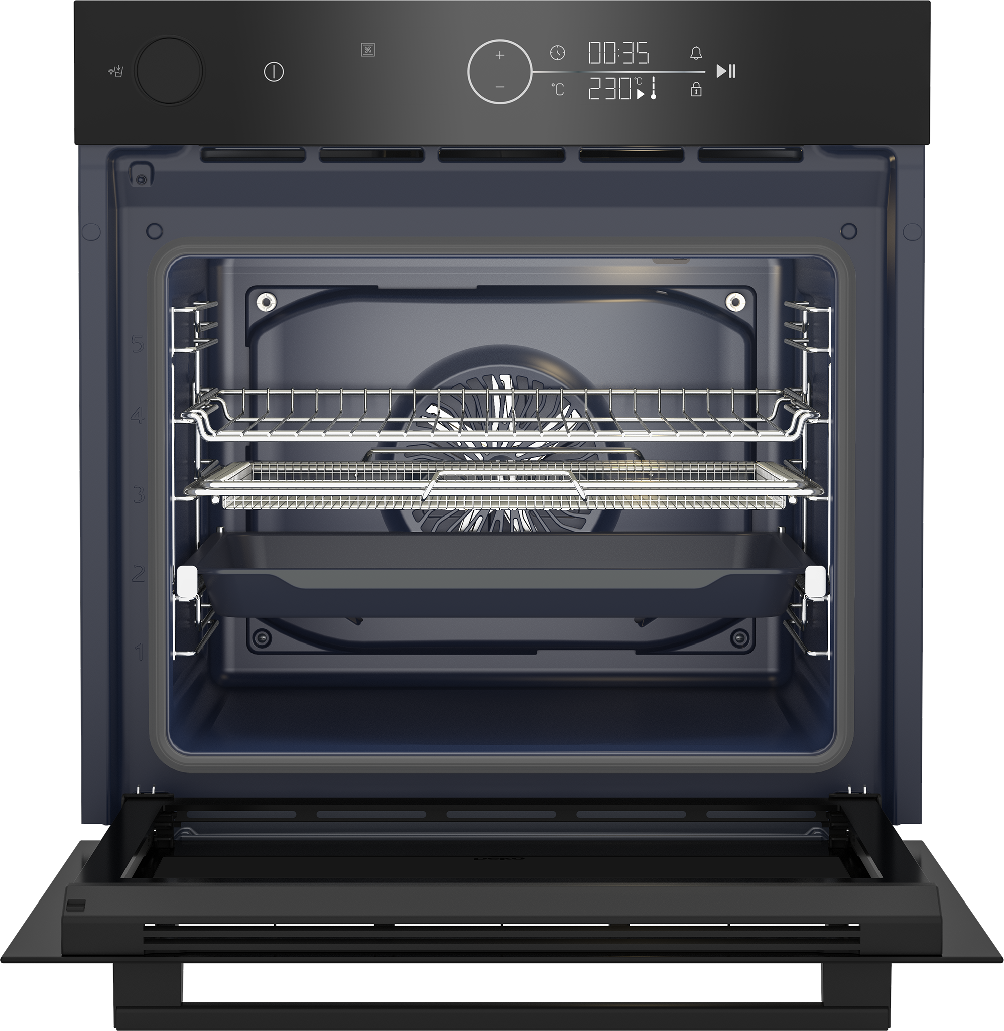 Otwarty piekarnik, widać ruszty, wentylator i panel sterowania. Drzwi otwarte. Tło z żaluzjami.
