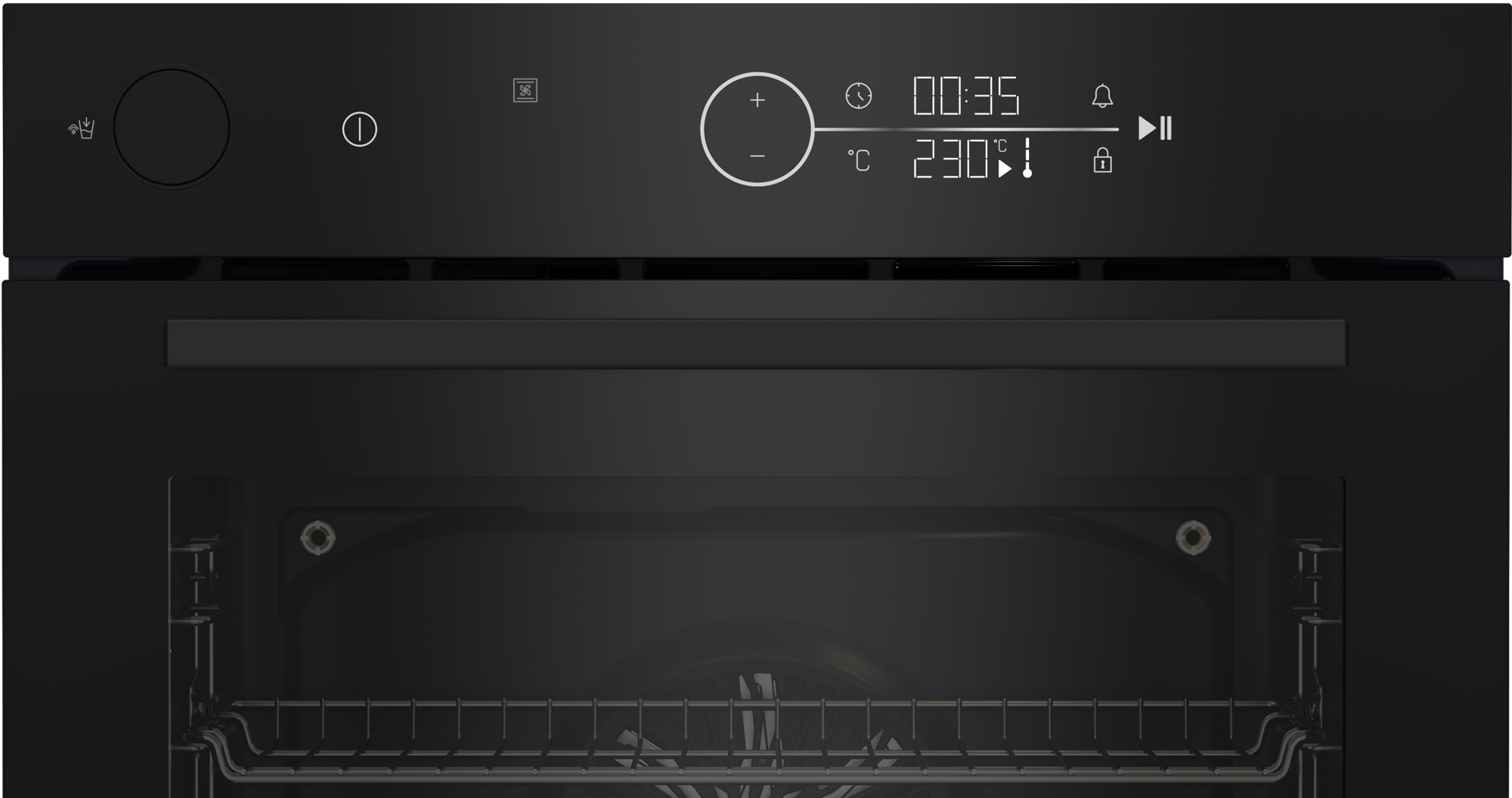 Czarny panel sterowania piekarnika z wyświetlaczem. Pokazuje czas, temperaturę i ustawienia. Drzwi otwarte, widoczny ruszt.