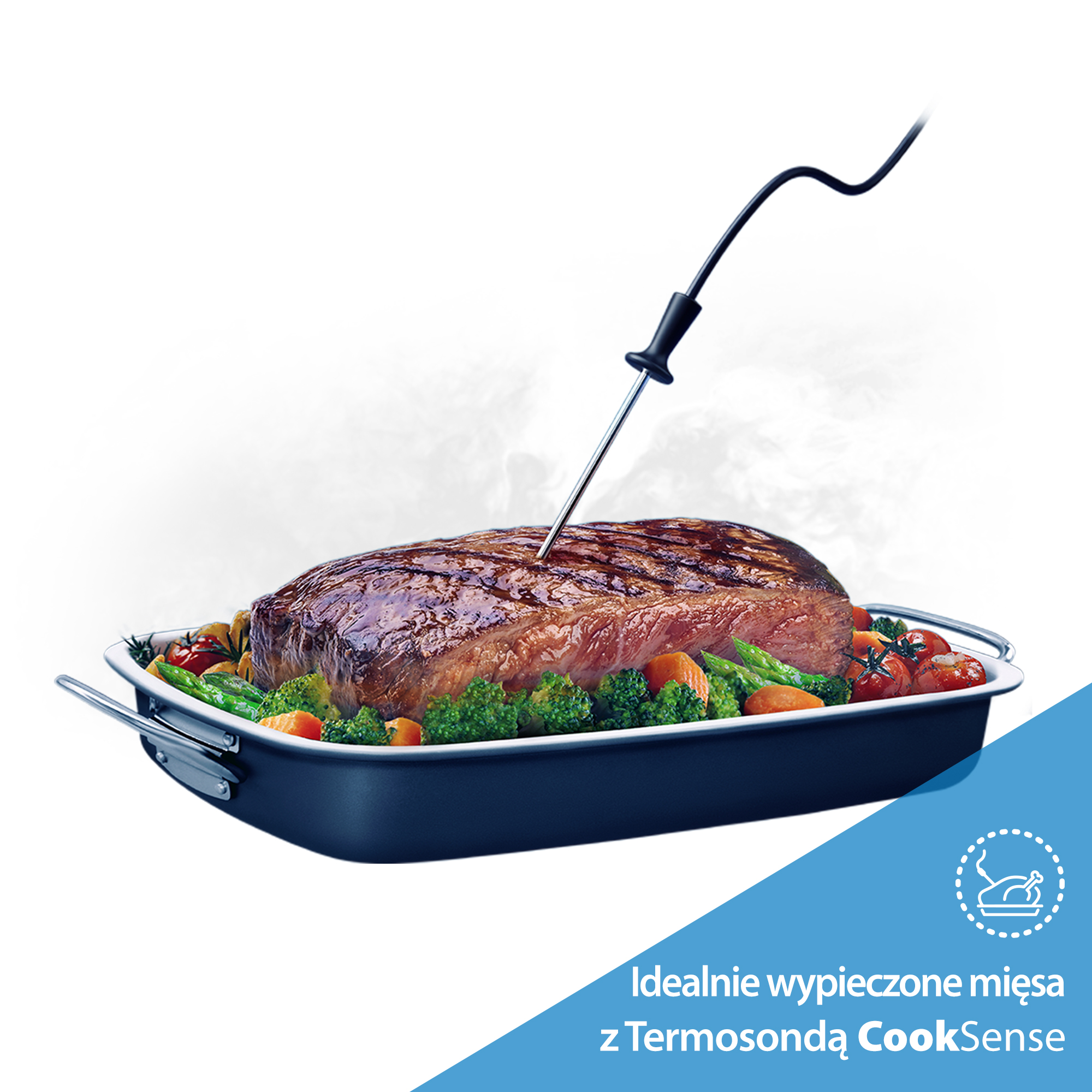 Pieczone mięso z warzywami na patelni. Wprowadzono sondę termometru. Białe tło z tekstem i logo.