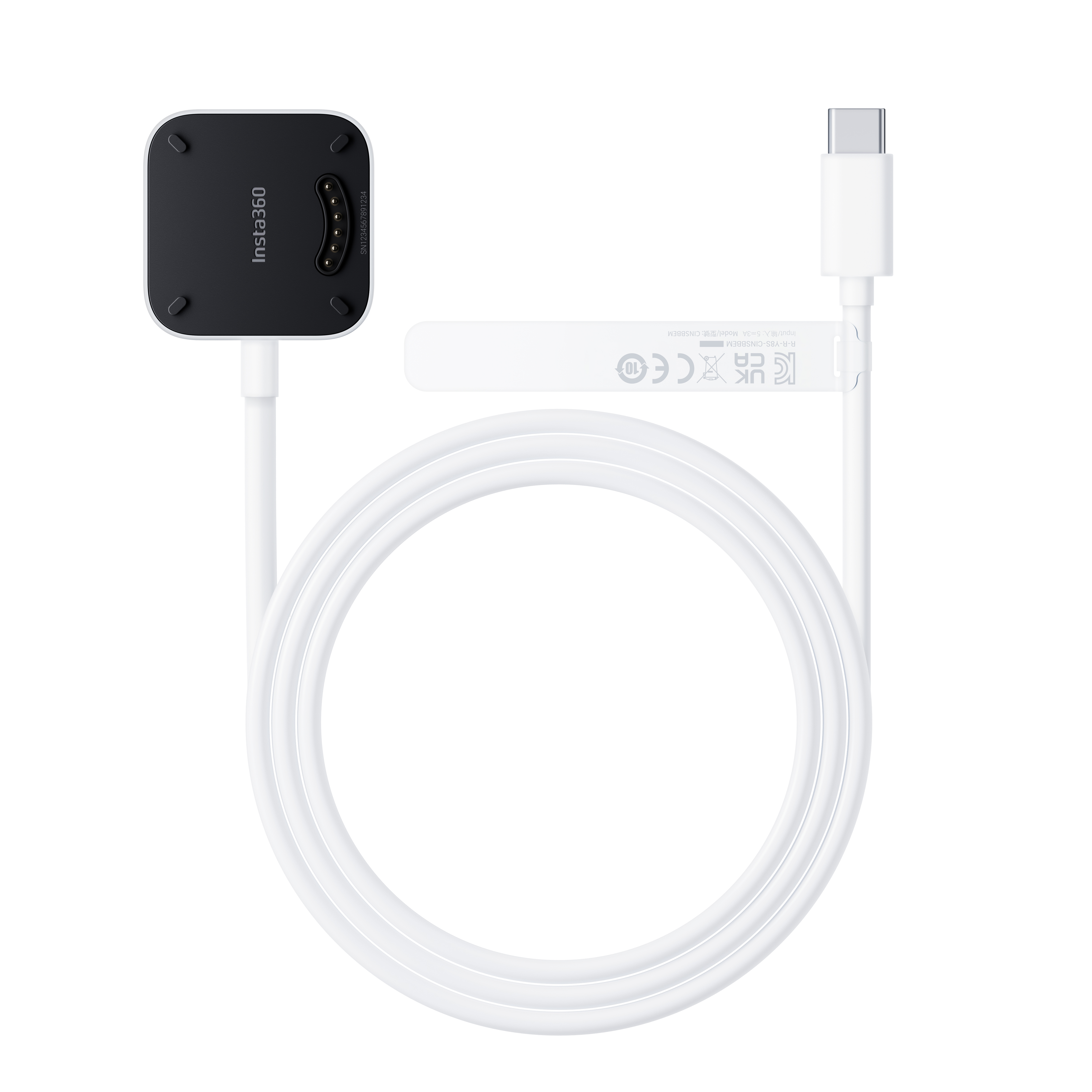 Ein weißes Ladekabel mit einem schwarzen Insta360-Ladegerät. Das Kabel hat einen USB-C-Anschluss.