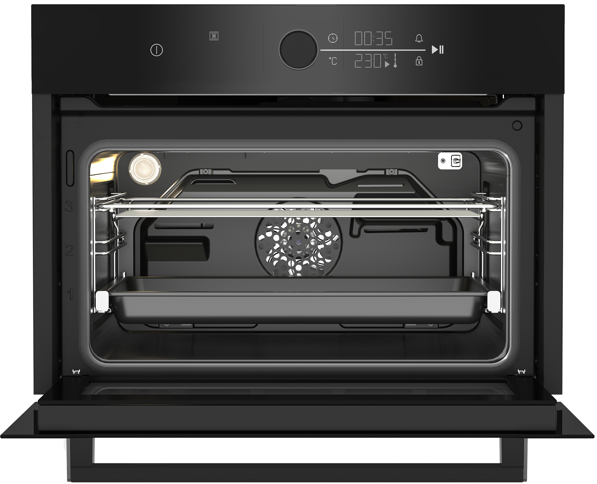 Czarne drzwi piekarnika otwarte. Wewnątrz taca, ruszty i wentylator. Wyświetlacz cyfrowy pokazuje czas i temperaturę.