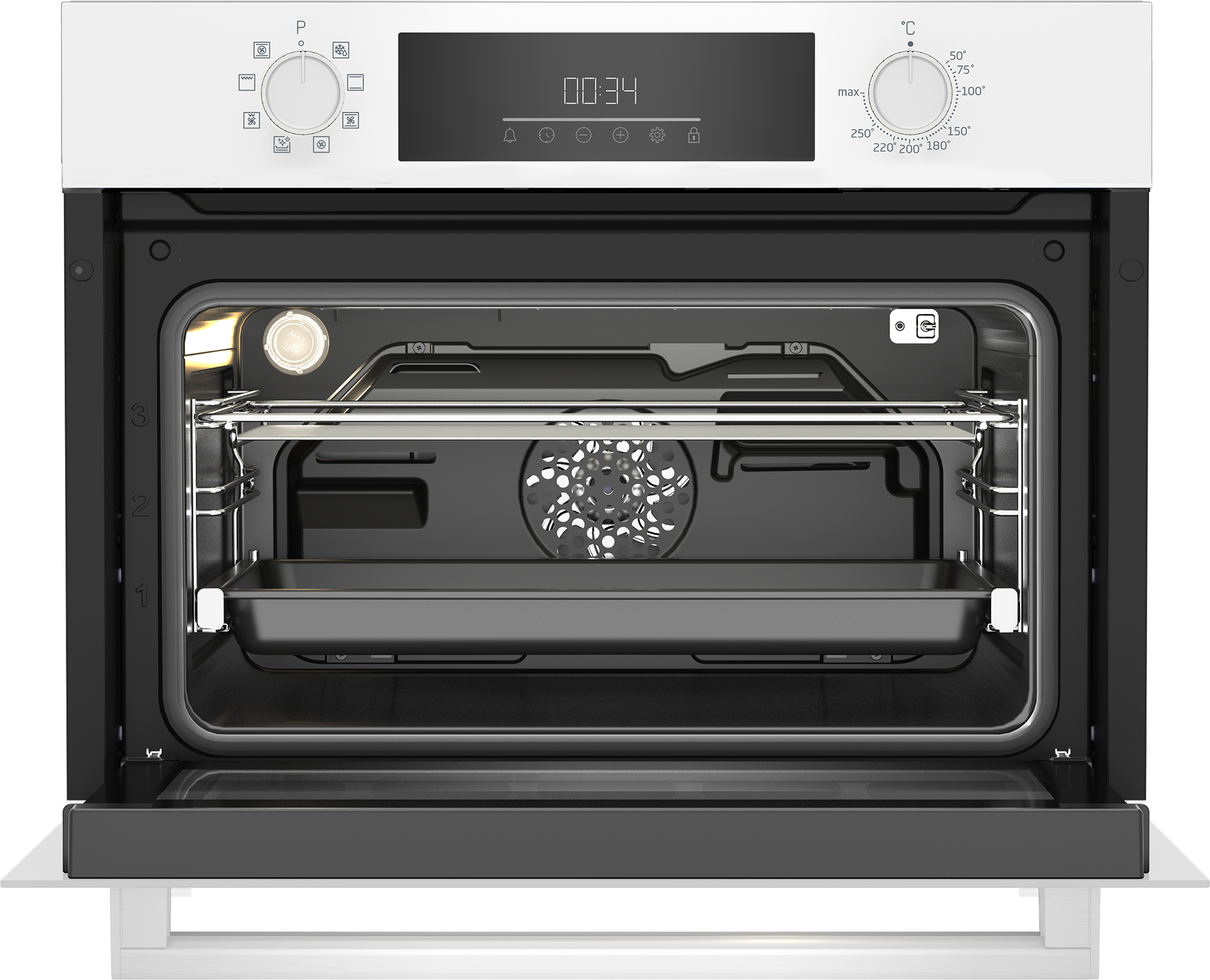 Otwarty piekarnik z rusztami, wentylatorem i blachą do pieczenia. Wyświetlacz pokazuje 00:34. Elementy sterujące na górze.
