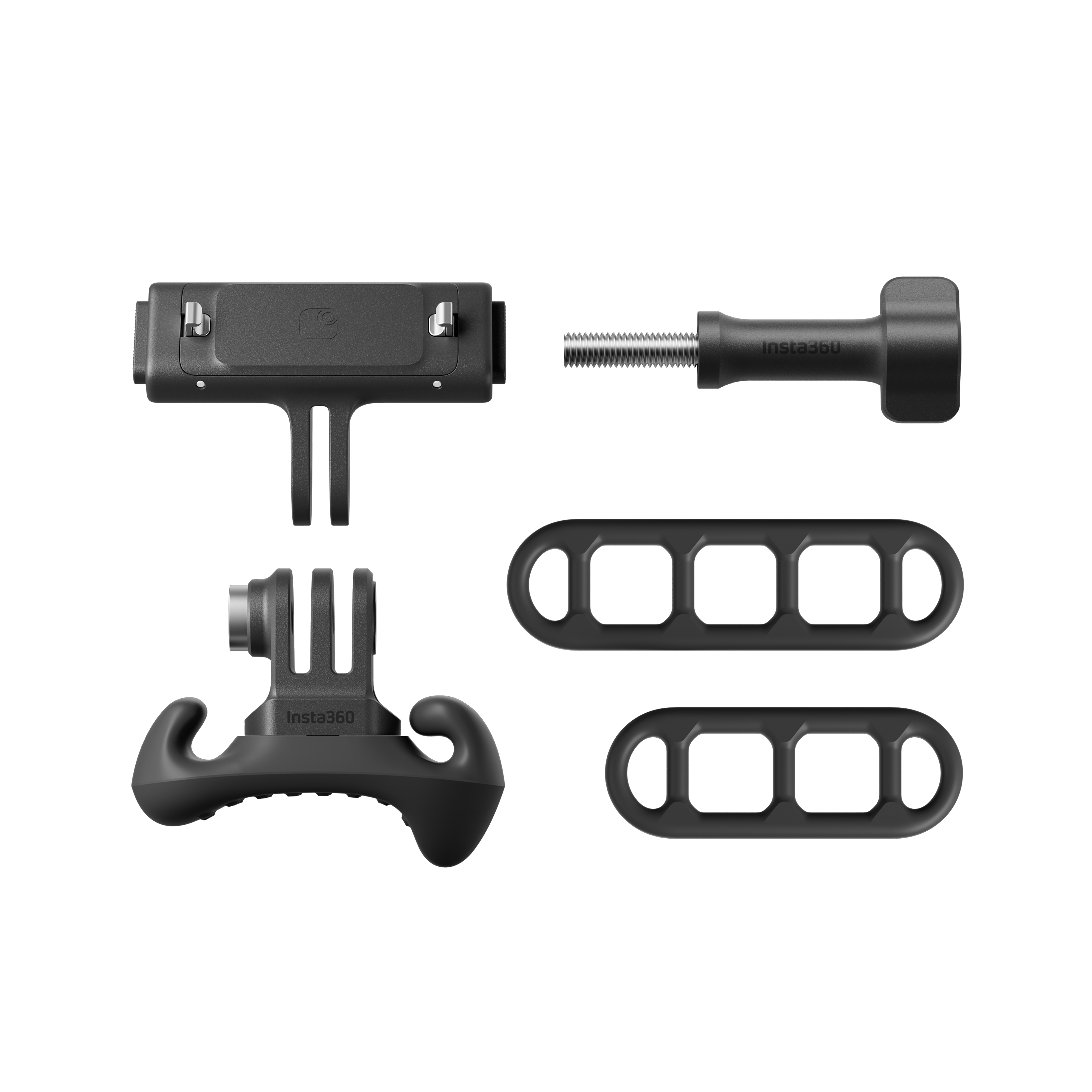 Schwarzes Insta360 Kamera Zubehör auf schwarzem Hintergrund. Komponenten umfassen Halterungen, Schraube und Riemen.
