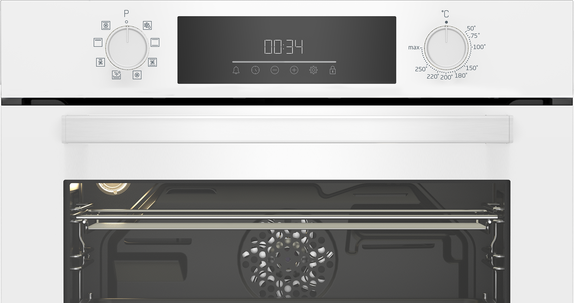 Biały piekarnik z cyfrowym wyświetlaczem 00:34. Posiada pokrętła do regulacji temperatury i funkcji, a drzwi piekarnika są otwarte.