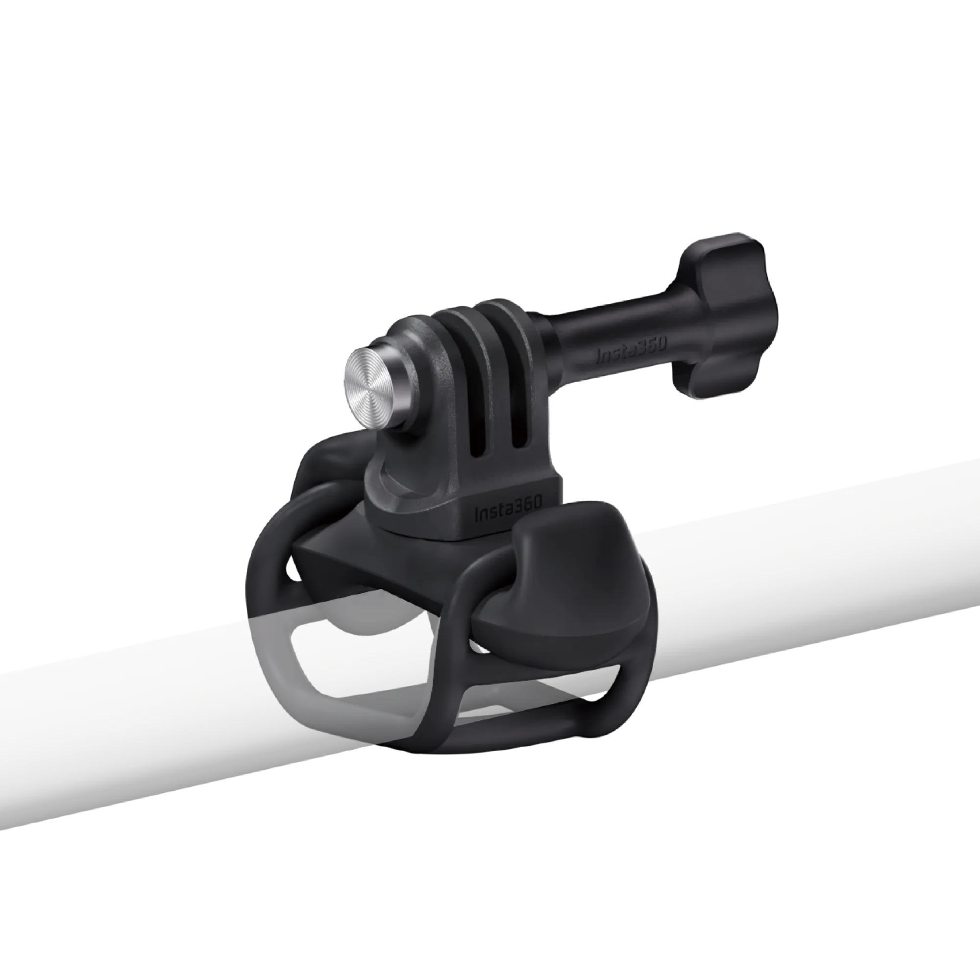 Schwarze Insta360-Kamerahalterung an einer weißen Stange. Die Halterung hat eine Silberschraube und das Insta360-Logo.