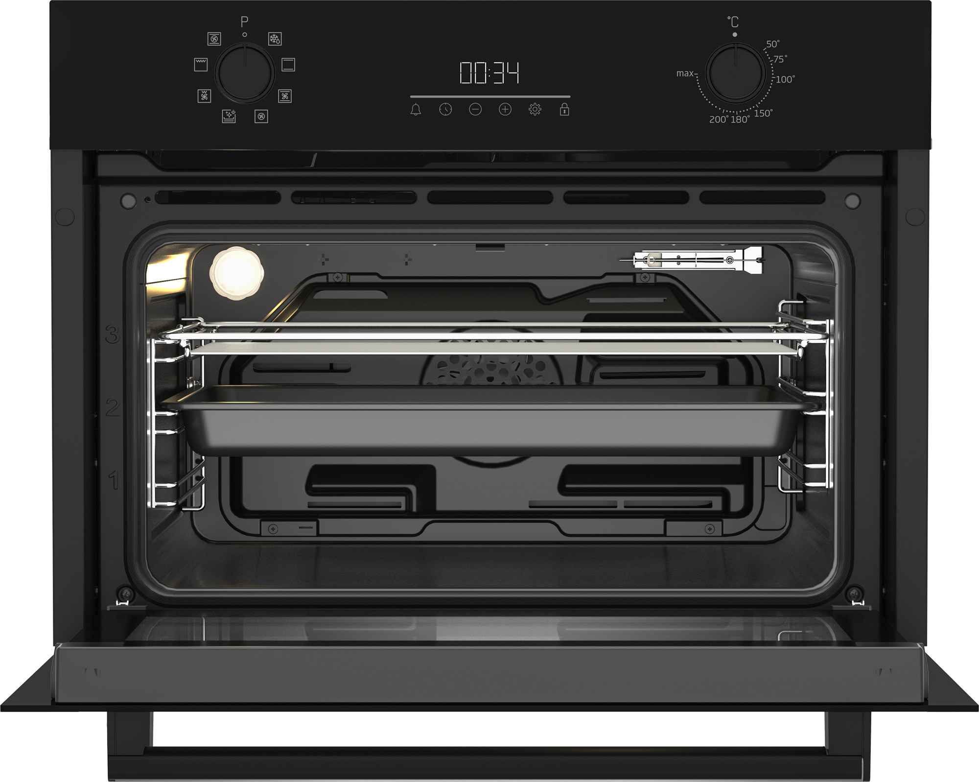 Otwarty piekarnik z tacą w środku. Wyświetlacz pokazuje 00:34. Sterowanie obejmuje pokrętło temperatury.