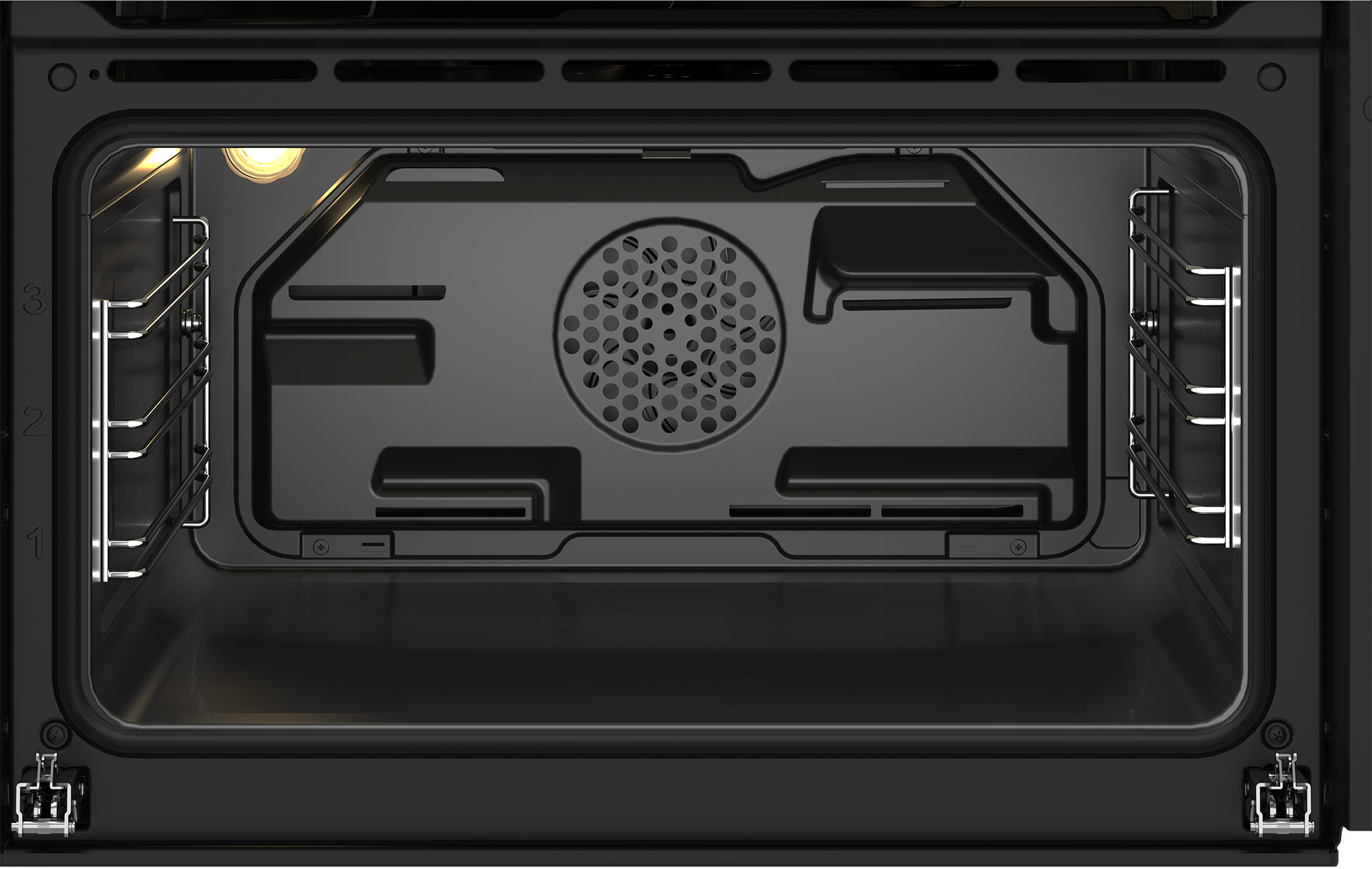 Widok wewnątrz czarnego piekarnika. Widoczne ruszty, wentylacja i światło. Drzwi piekarnika są otwarte.