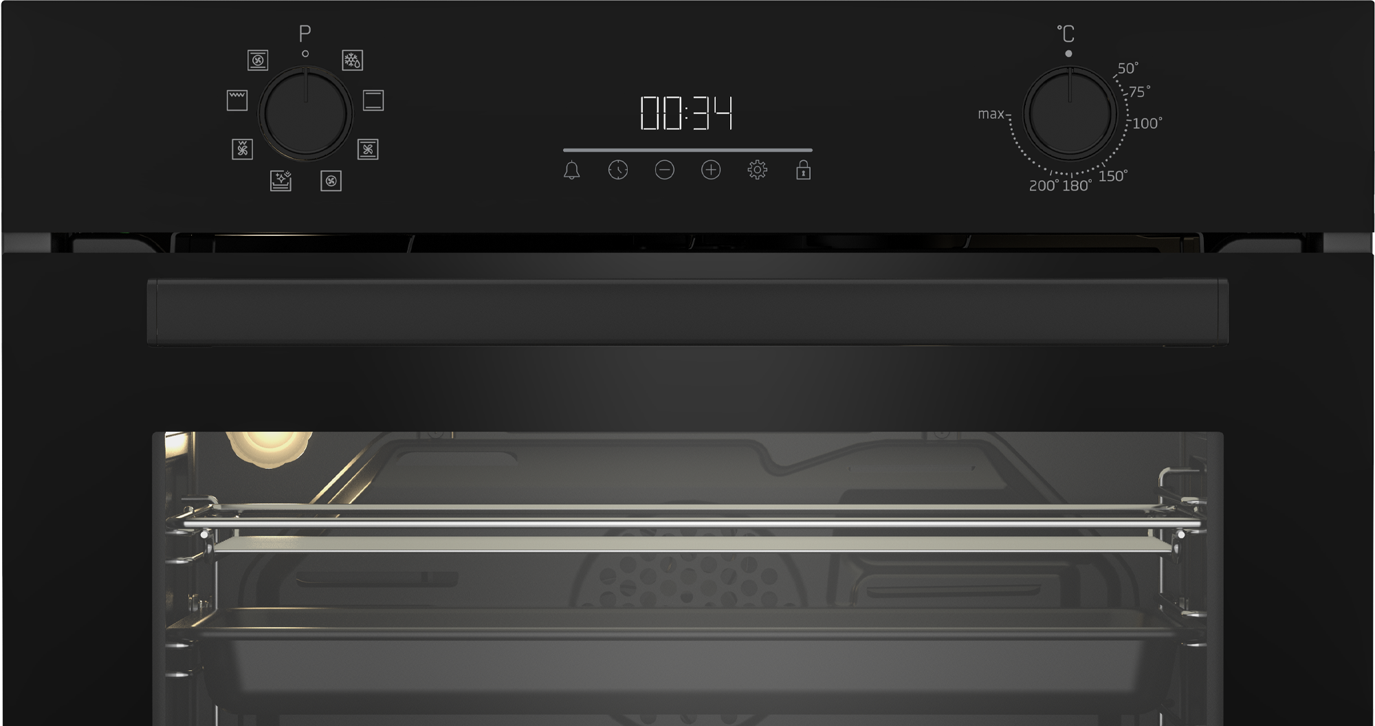 Czarny piekarnik z kontrolkami, cyfrowy wyświetlacz z 00:34 i oświetleniem wewnętrznym. Widoczne pokrętła i pokrętło temperatury.