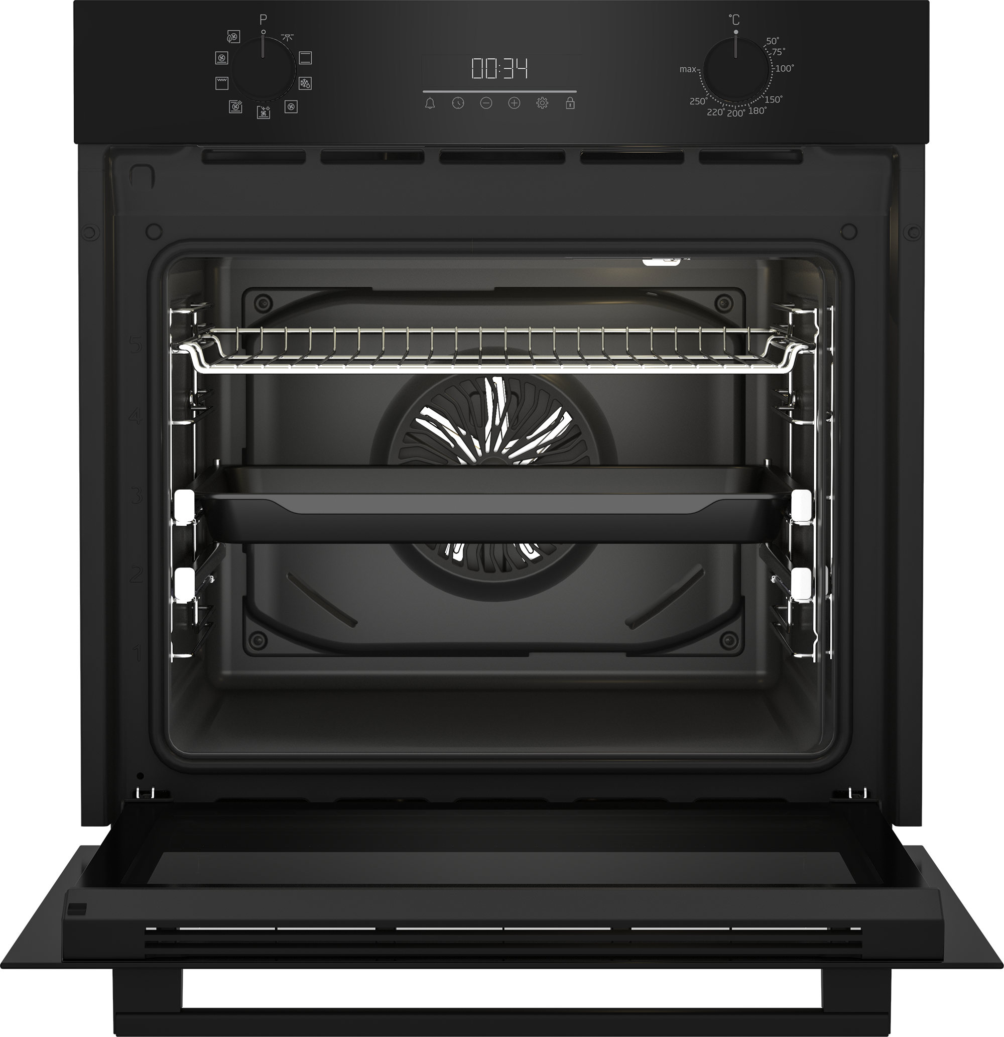 Otwarty czarny piekarnik z wewnętrznymi półkami i tacą. Zegar cyfrowy wyświetla 00:34. Widoczne pokrętła i ustawienia temperatury.